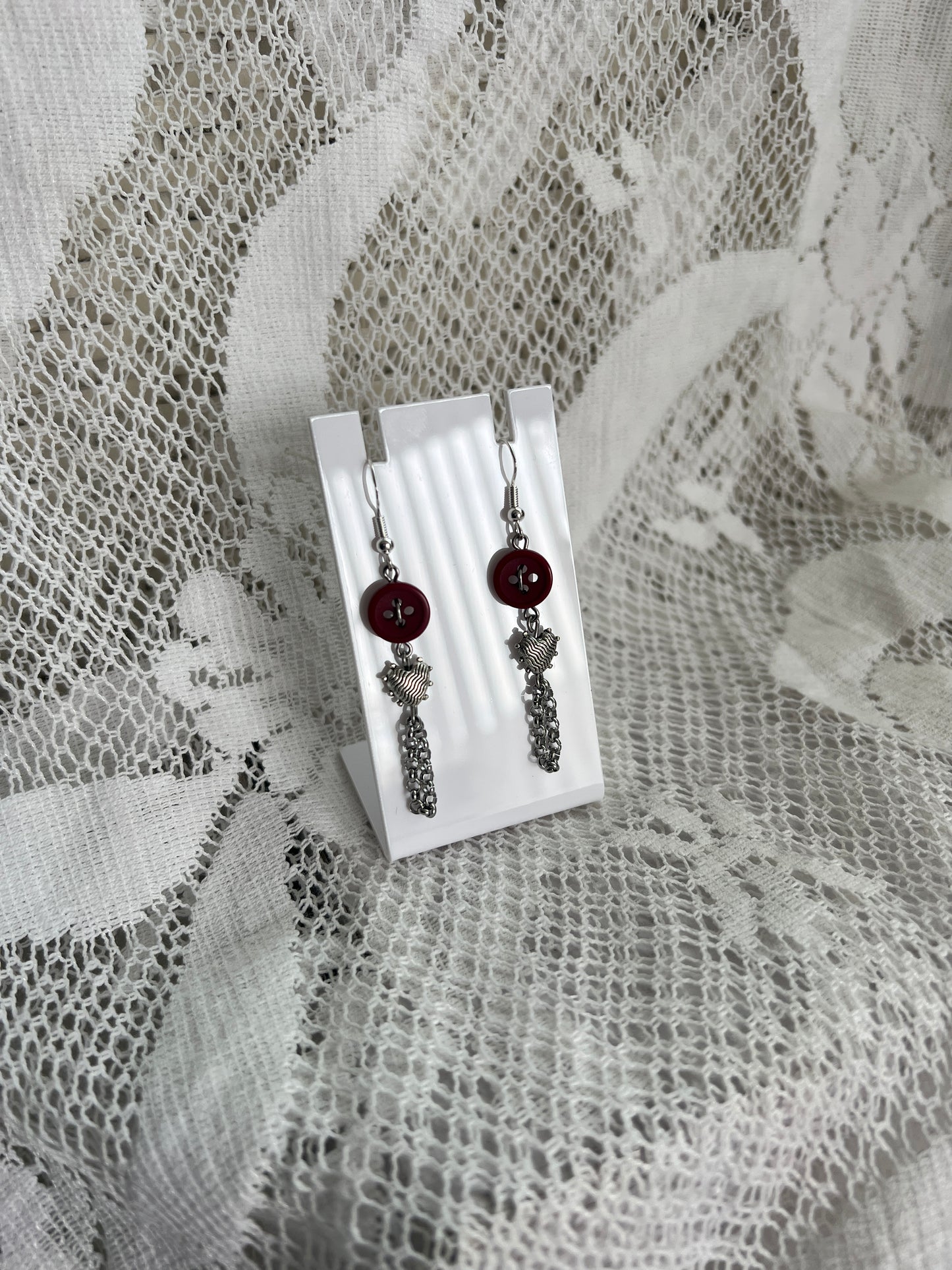 Red Button Heart Chain Earrings
