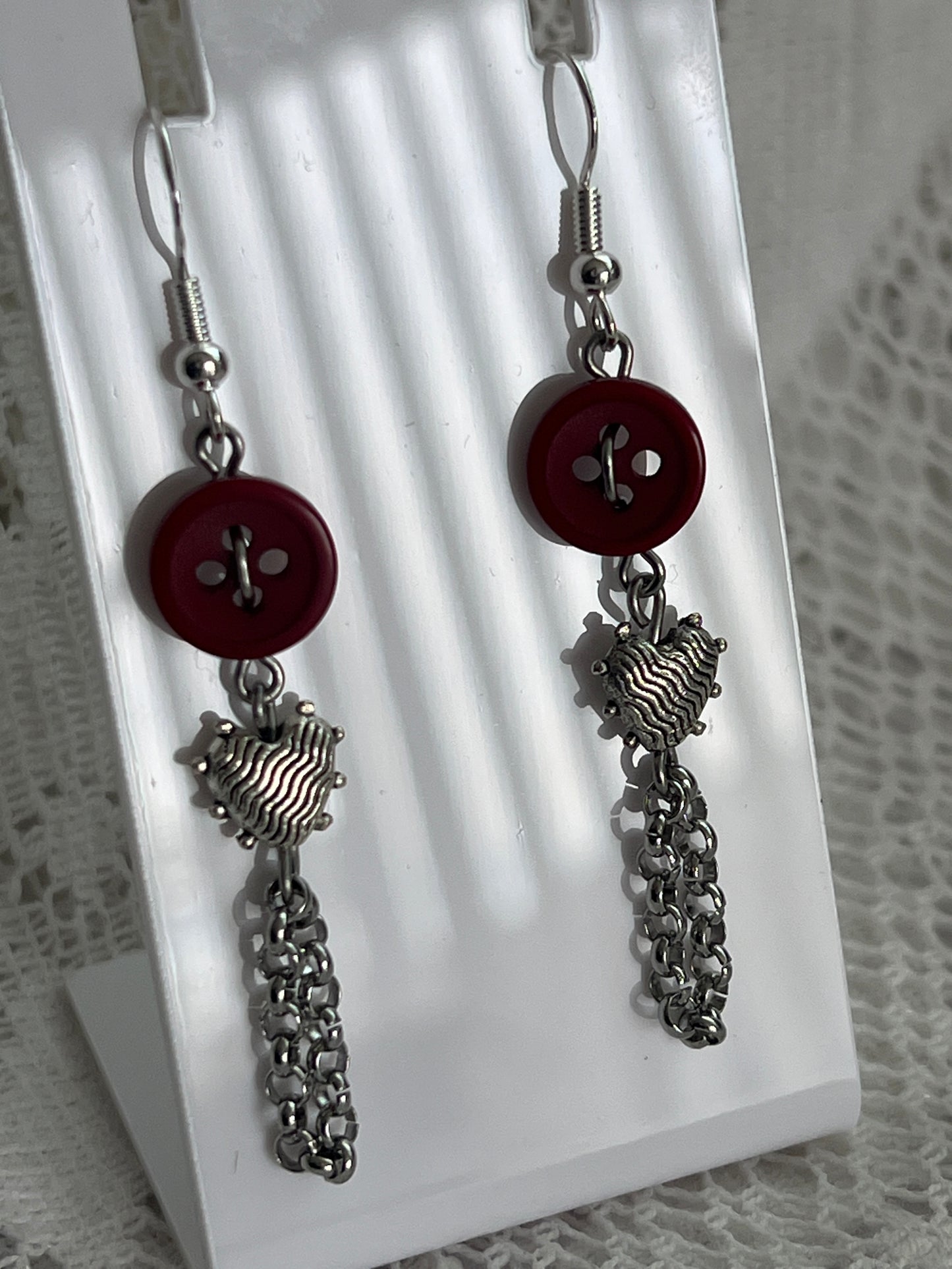 Red Button Heart Chain Earrings