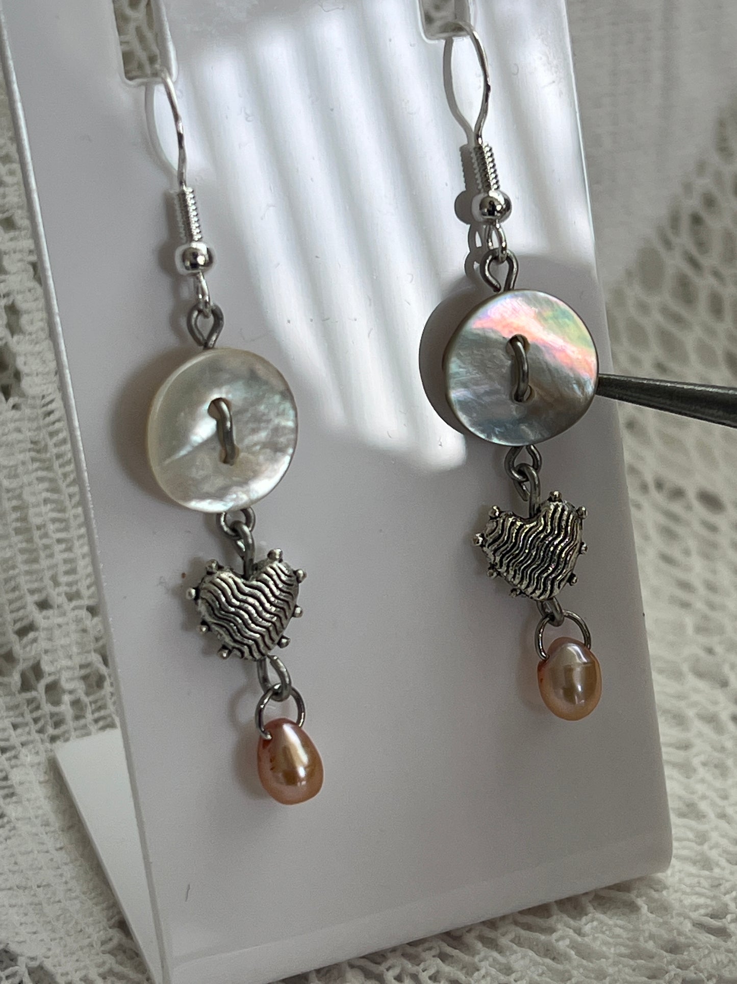 Shell Button Heart Pearl Earrings