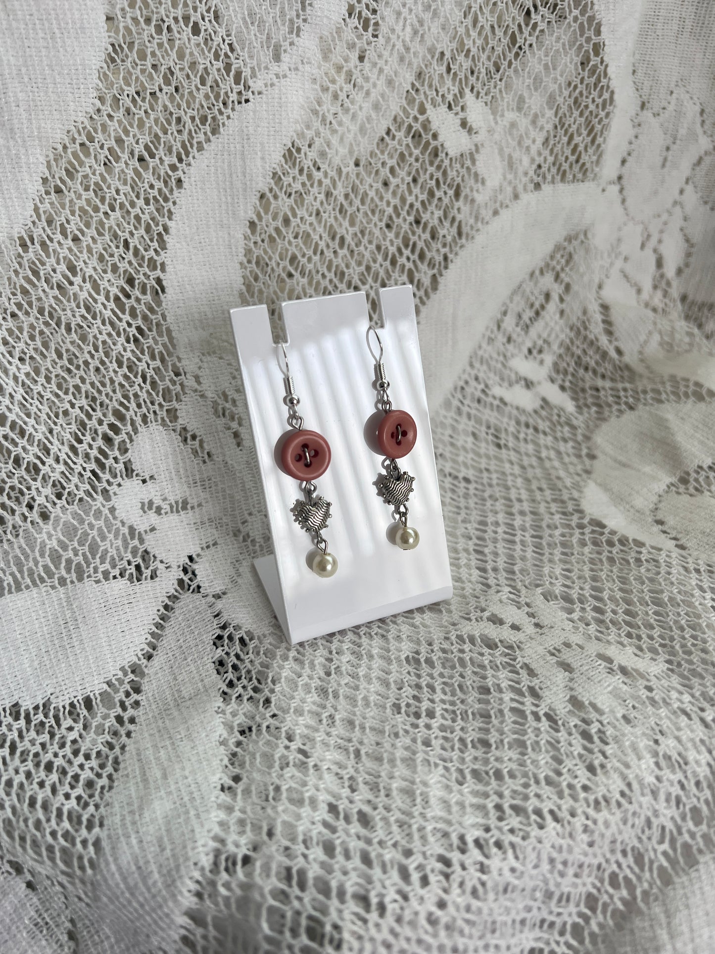 Pink Button Heart Pearl Earrings