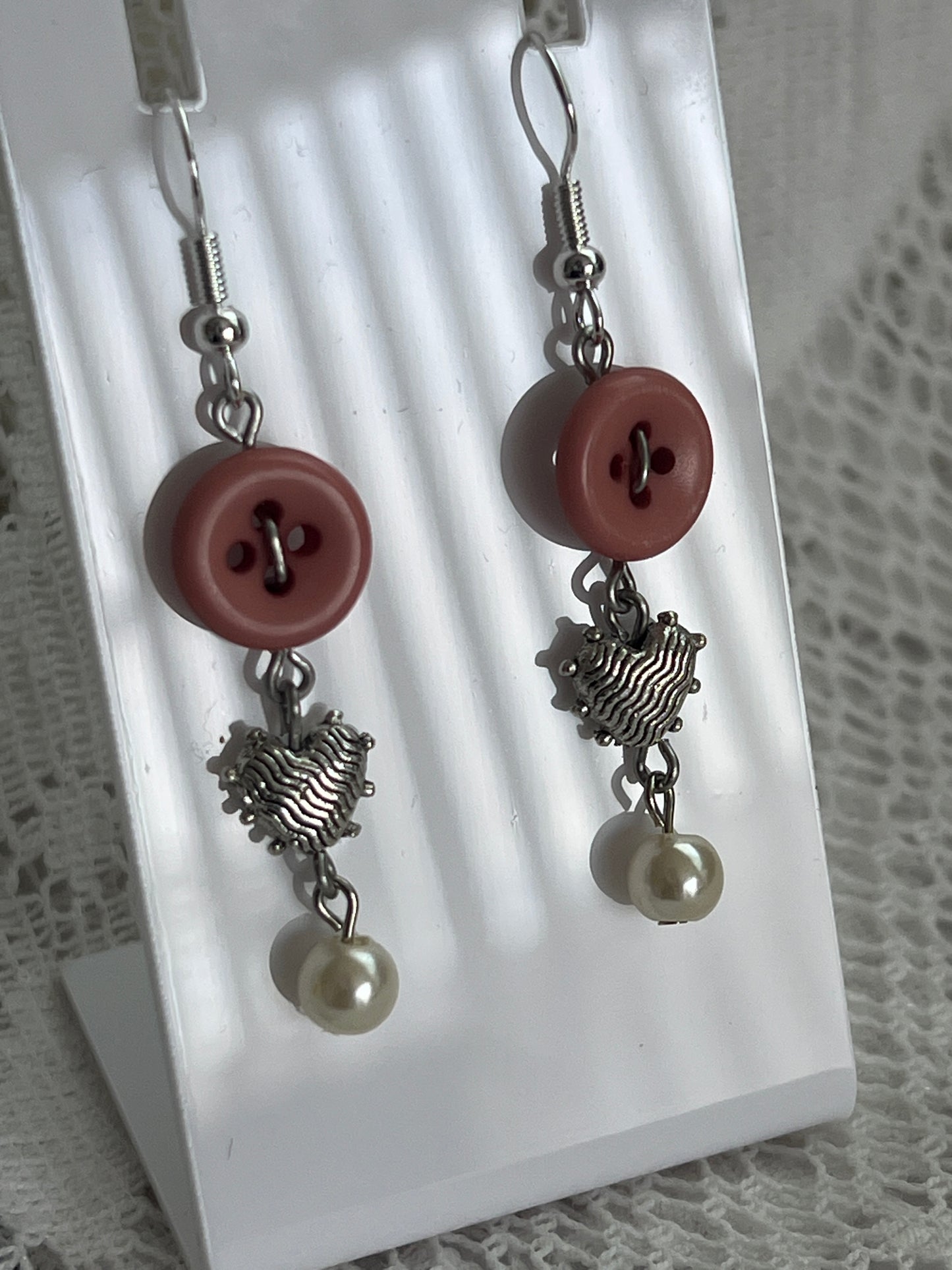 Pink Button Heart Pearl Earrings