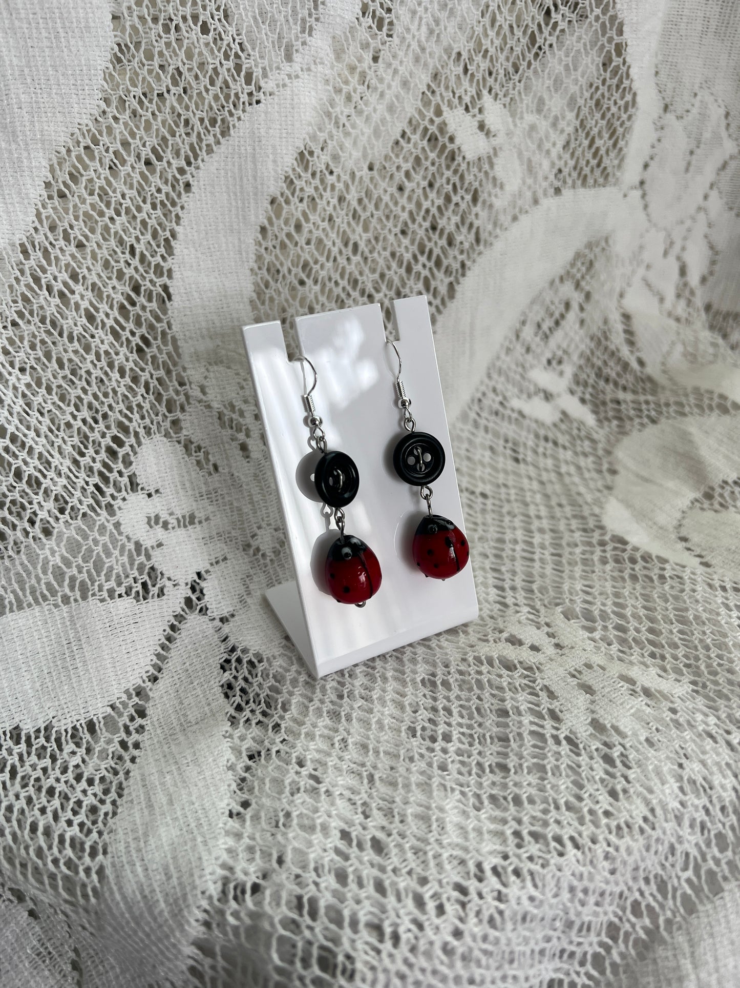 Black Button + Glass Ladybug Earrings