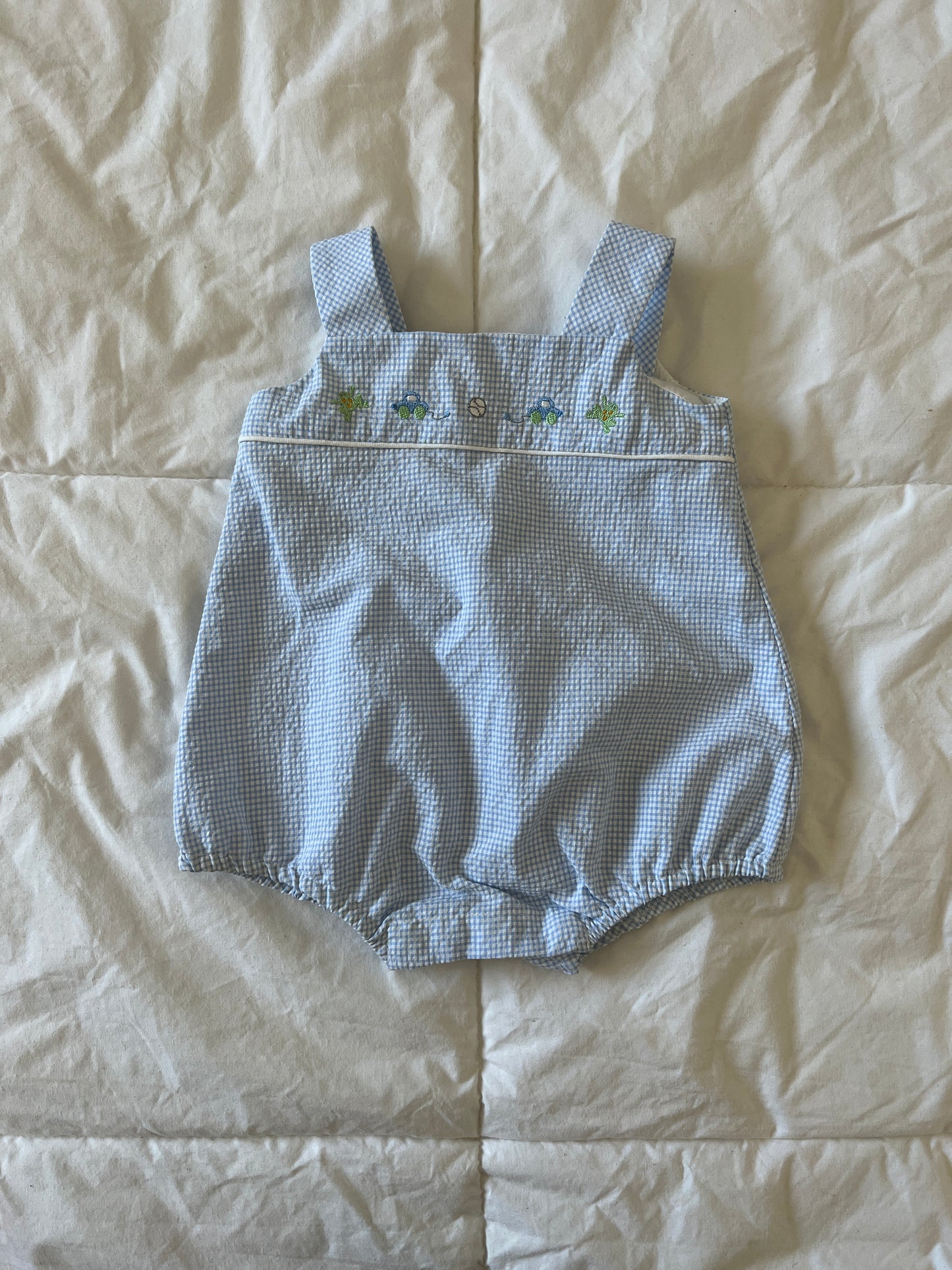 Blue Gingham Embroidered Onesie Overalls (9 mo)