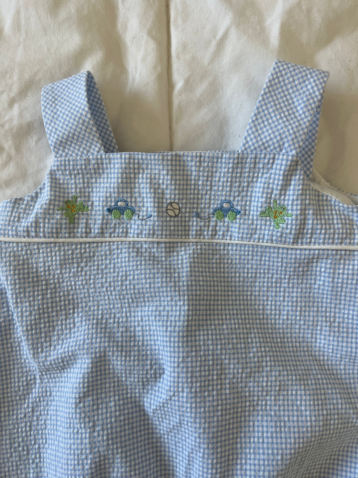 Blue Gingham Embroidered Onesie Overalls (9 mo)
