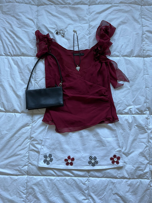 White Flower Button Mini Skirt