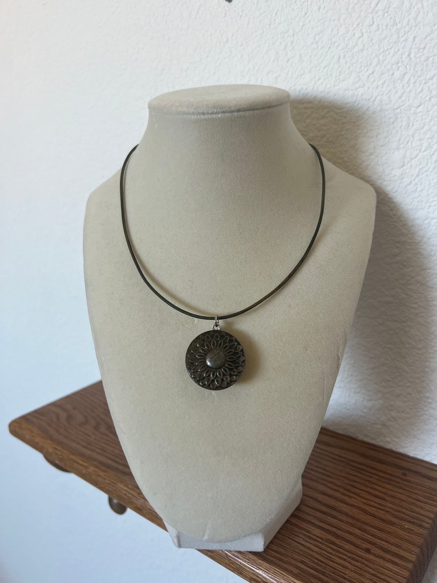 Green Cord Silver Sunflower Button Necklace