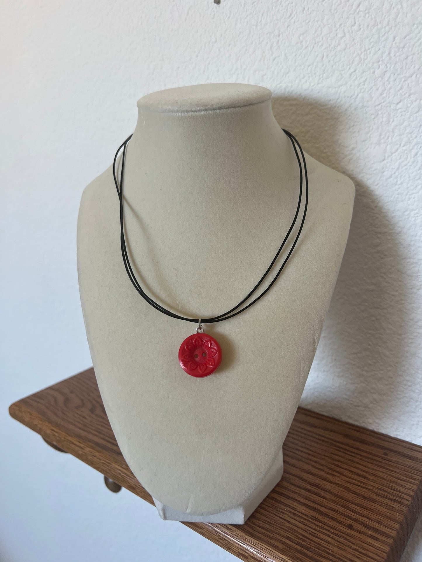 Black Cord Red Flower Button Necklace