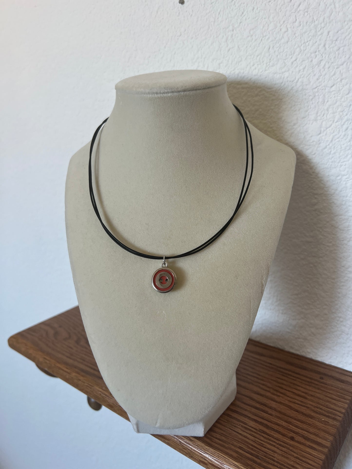 Black Cord Silver/Red Circle Button Necklace
