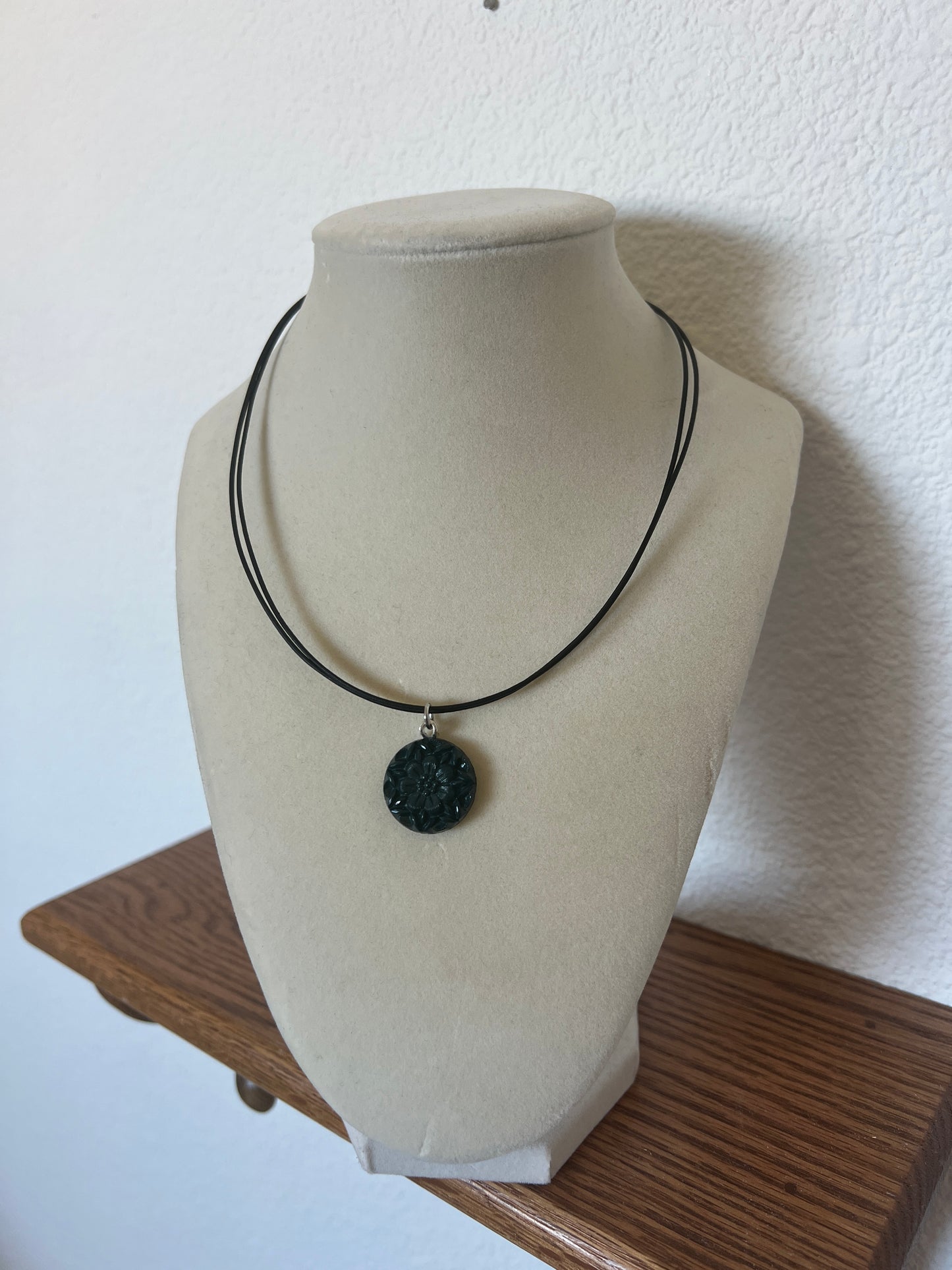 Black Cord Green Flower Button Necklace