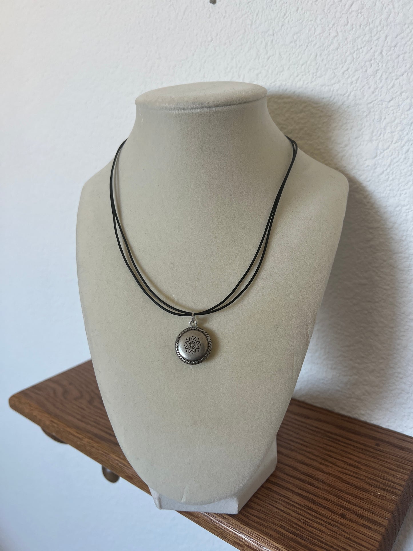 Black Cord Silver Circle Flower Button Necklace