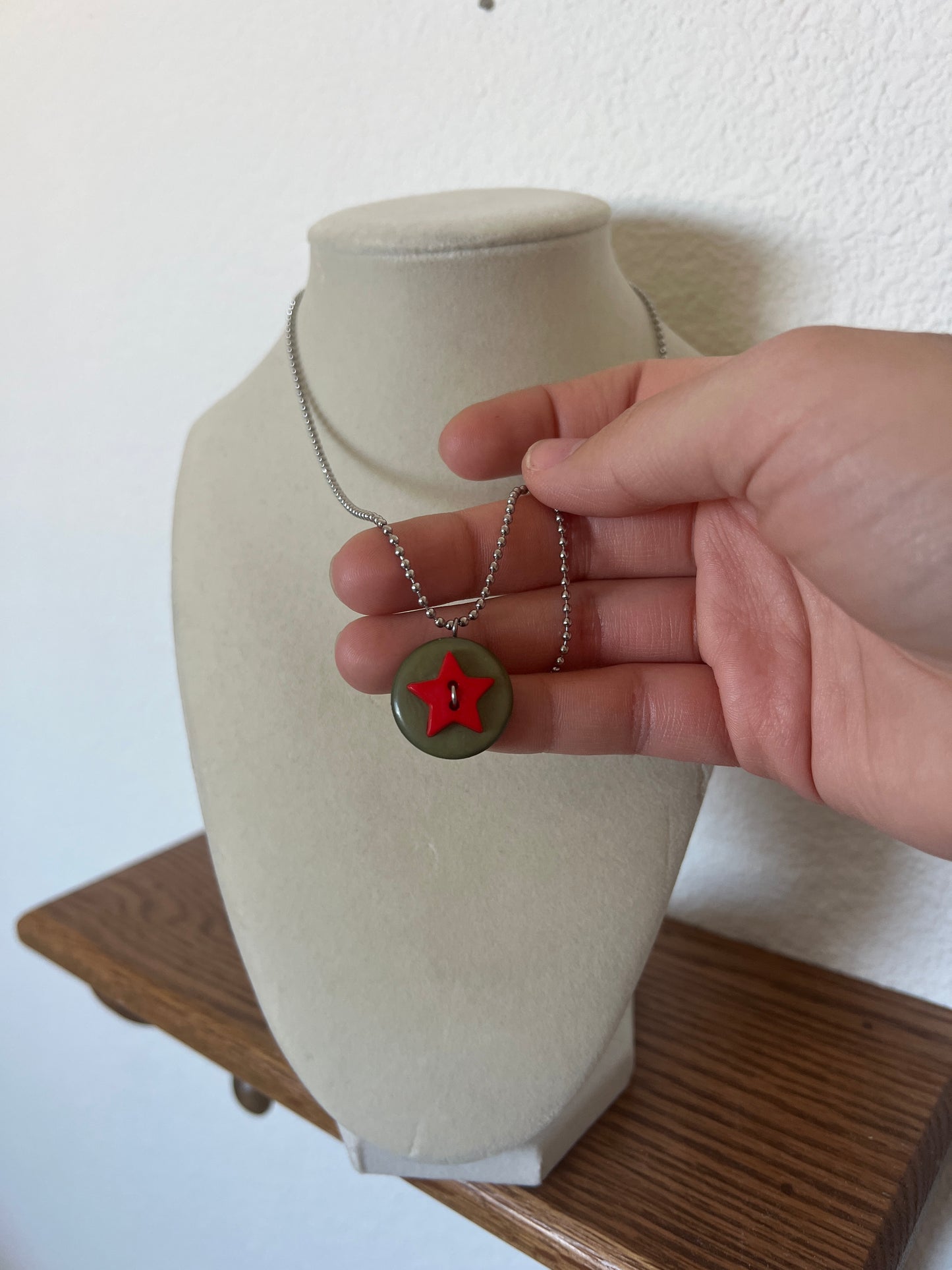 Silver Chain Red Star Button Necklace