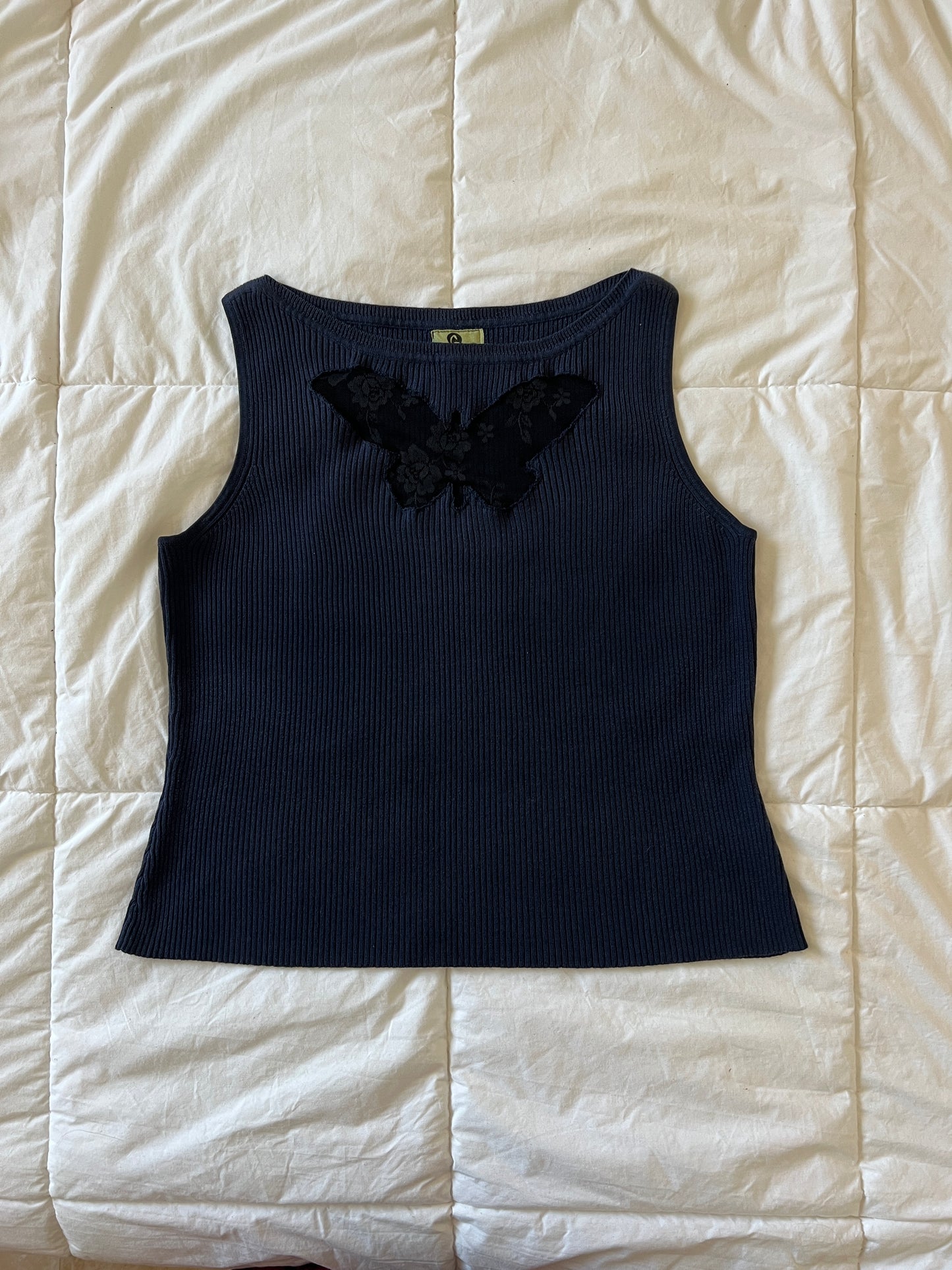 Upcycled Lace Butterfly Blue Tank (M/L)