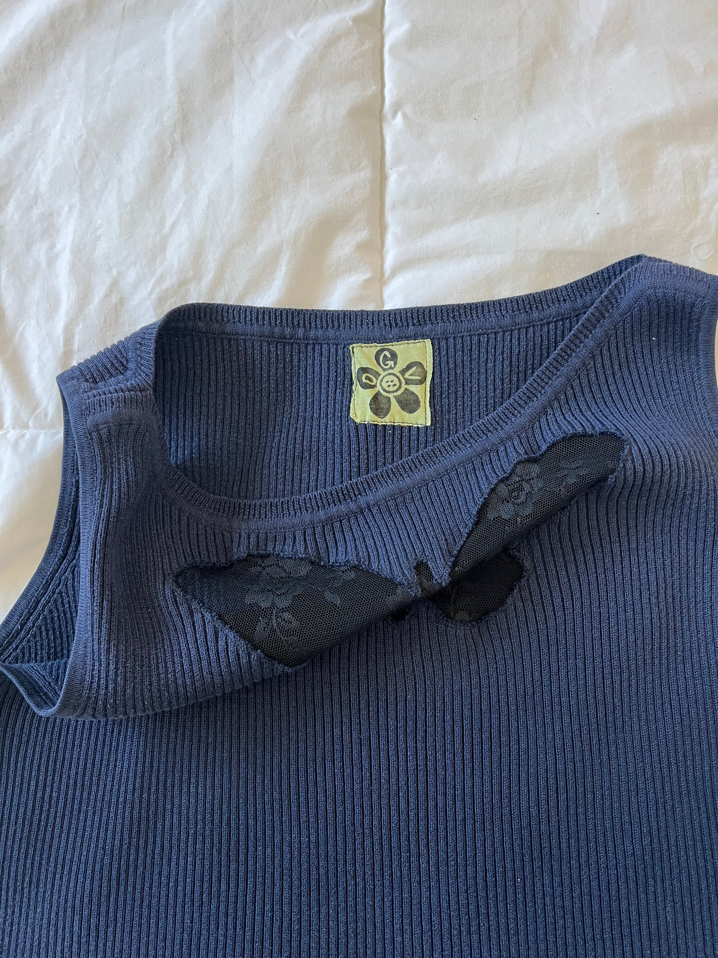 Upcycled Lace Butterfly Blue Tank (M/L)