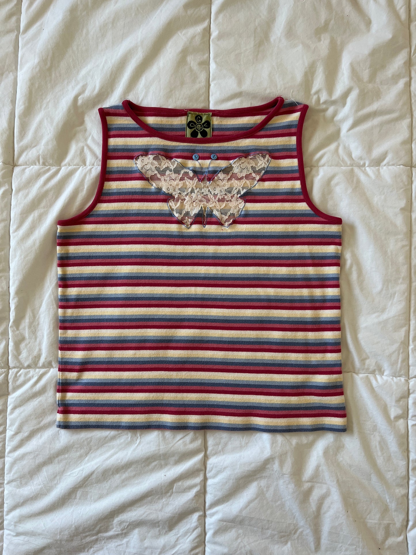 Upcycled Lace Butterfly Pink Striped Tank (M)