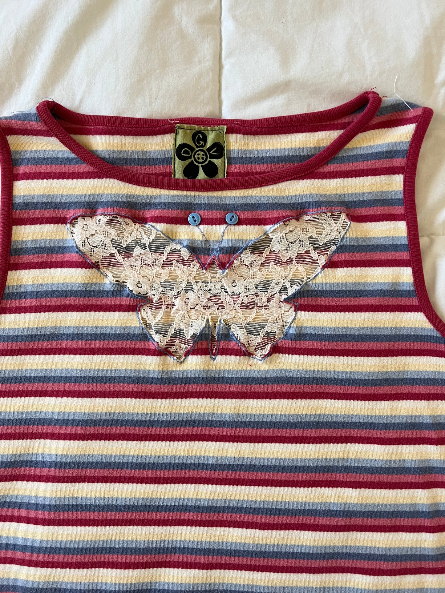 Upcycled Lace Butterfly Pink Striped Tank (M)