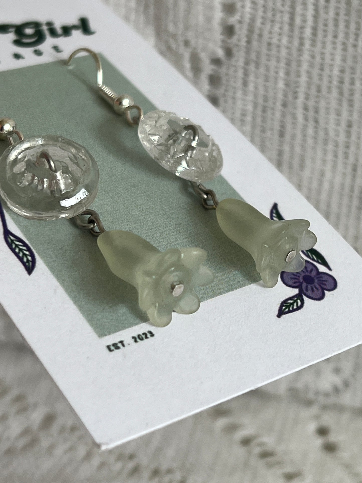 Glass Button + Stone Flower Earrings
