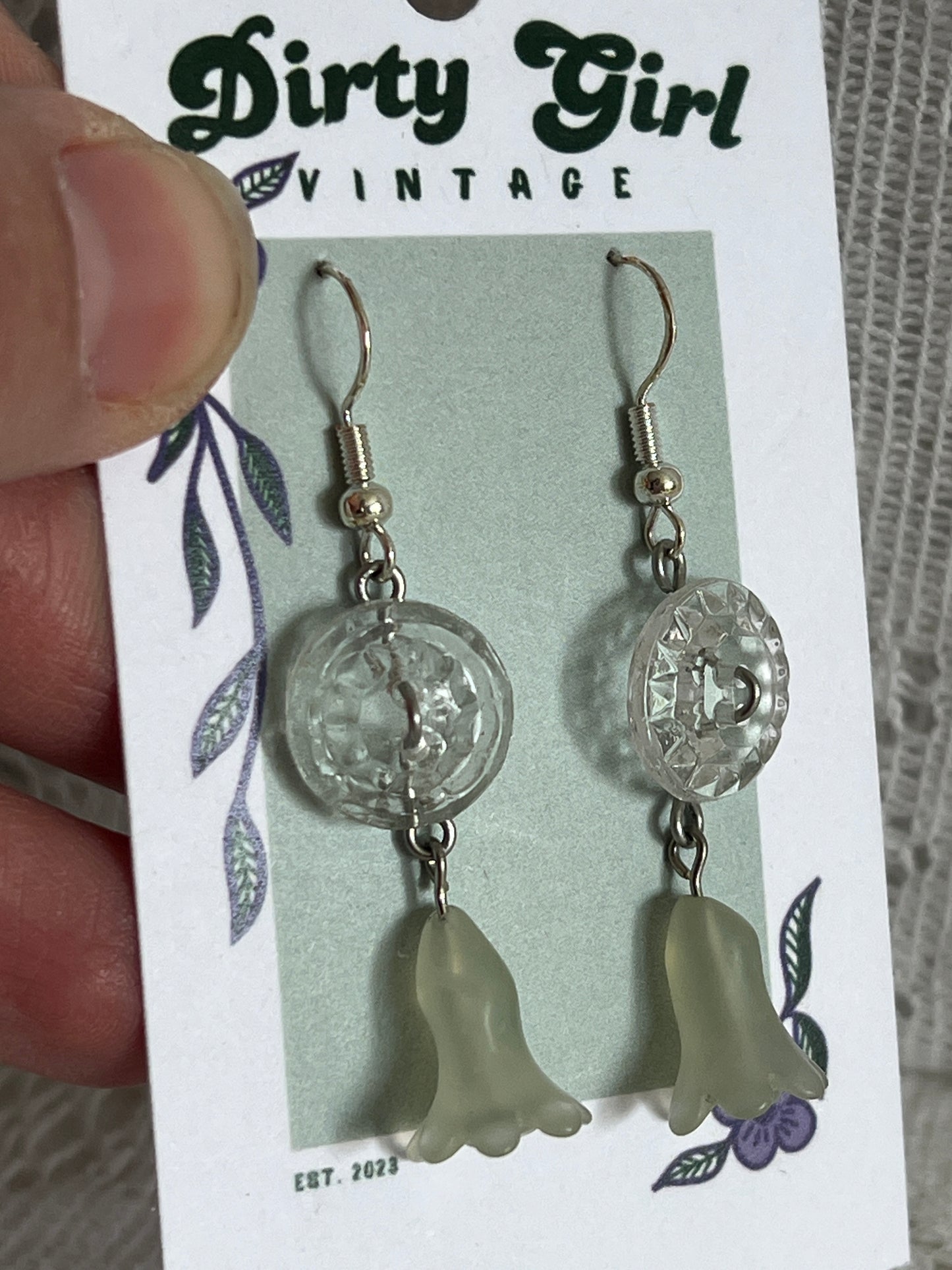 Glass Button + Stone Flower Earrings