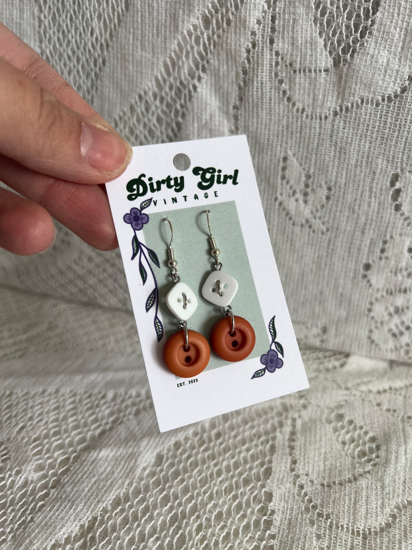 White + Burnt Orange Button Earrings