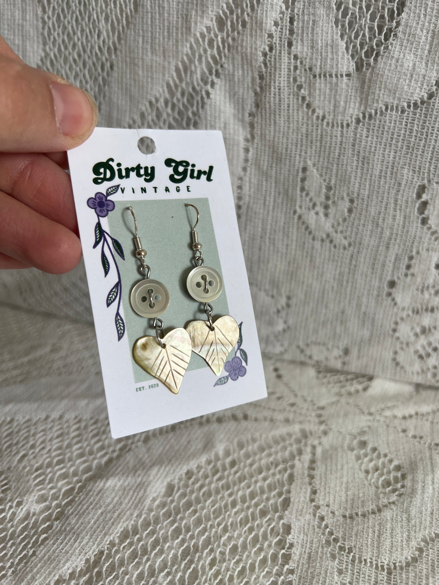 White Button with Shell Leaf Earrings