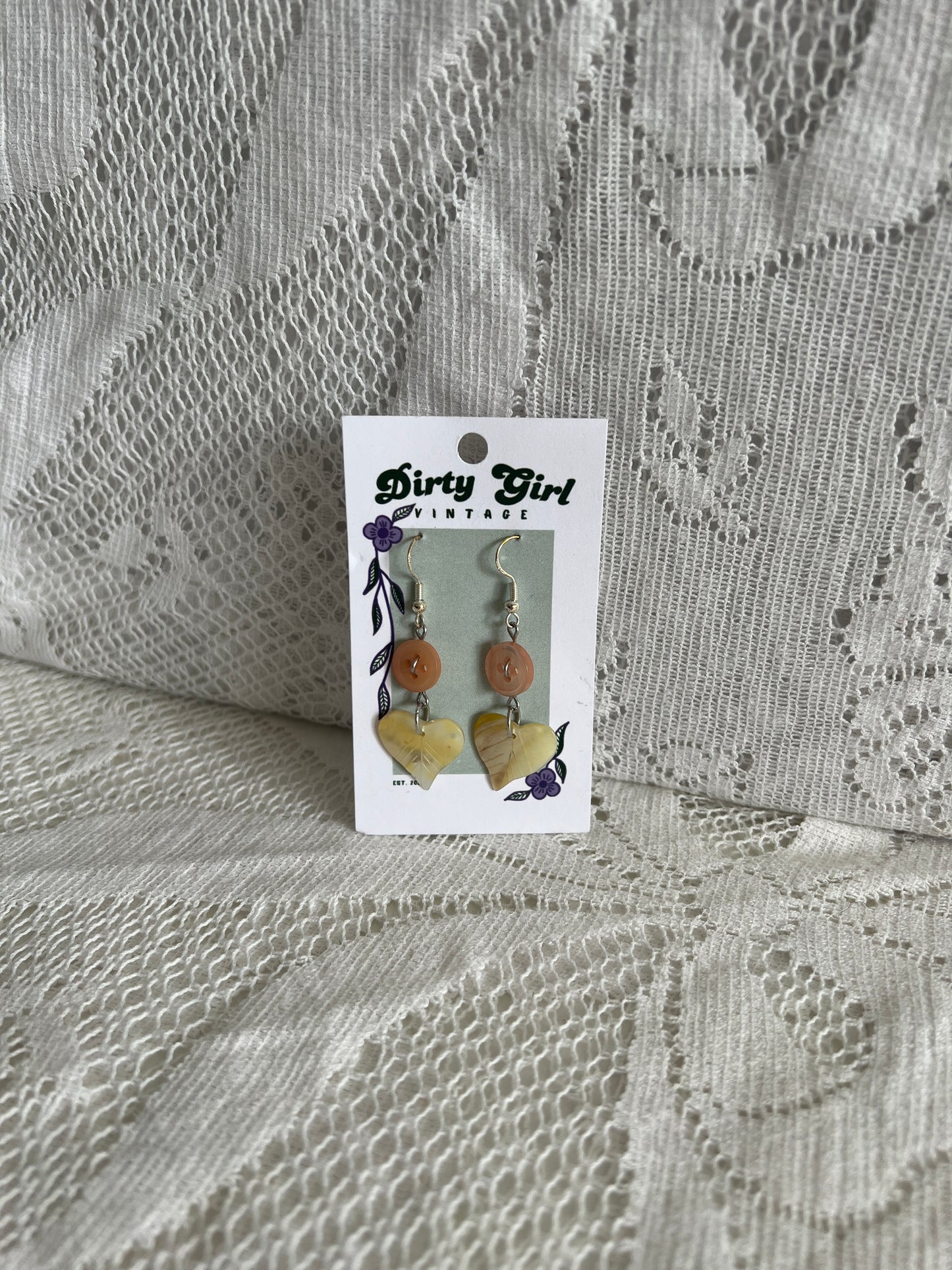 Orange Button with Shell Leaf Earrings