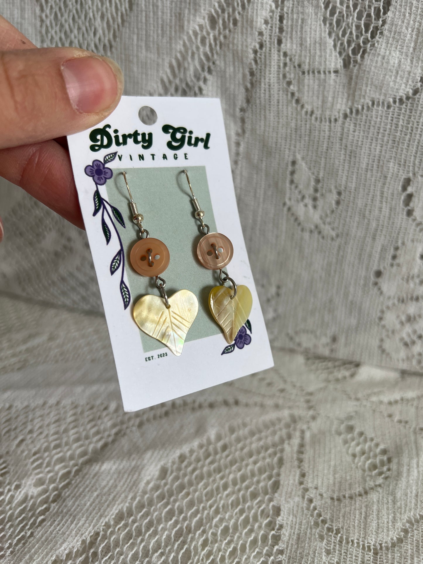 Orange Button with Shell Leaf Earrings