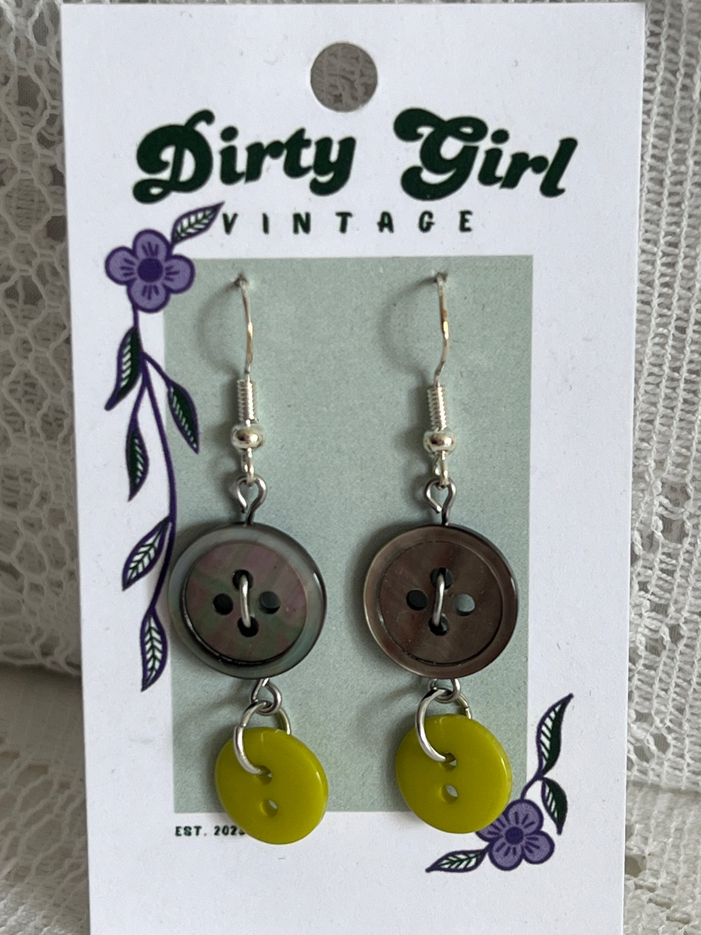 Purple and Green Button Earrings