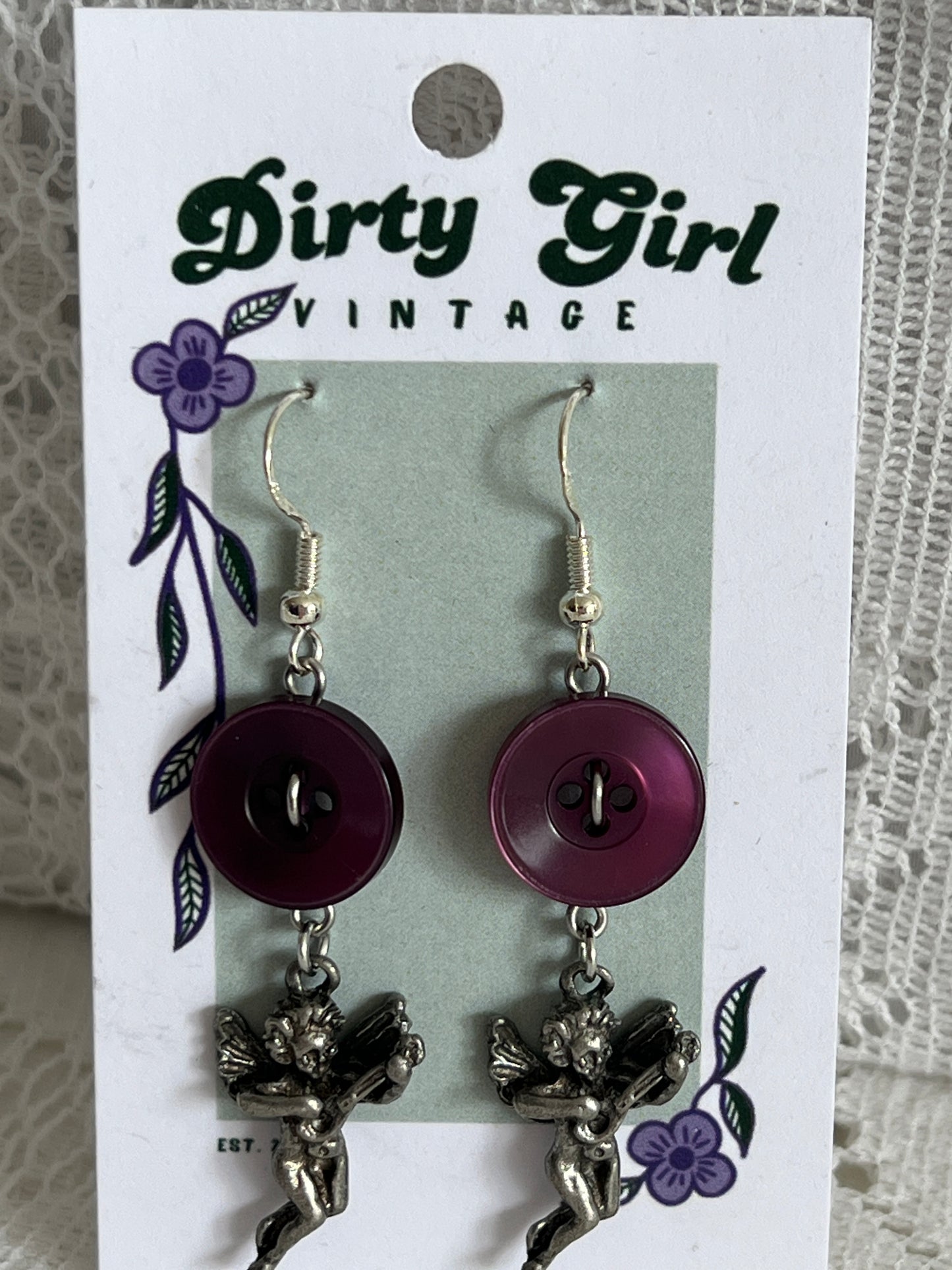 Purple Button Angel Earrings