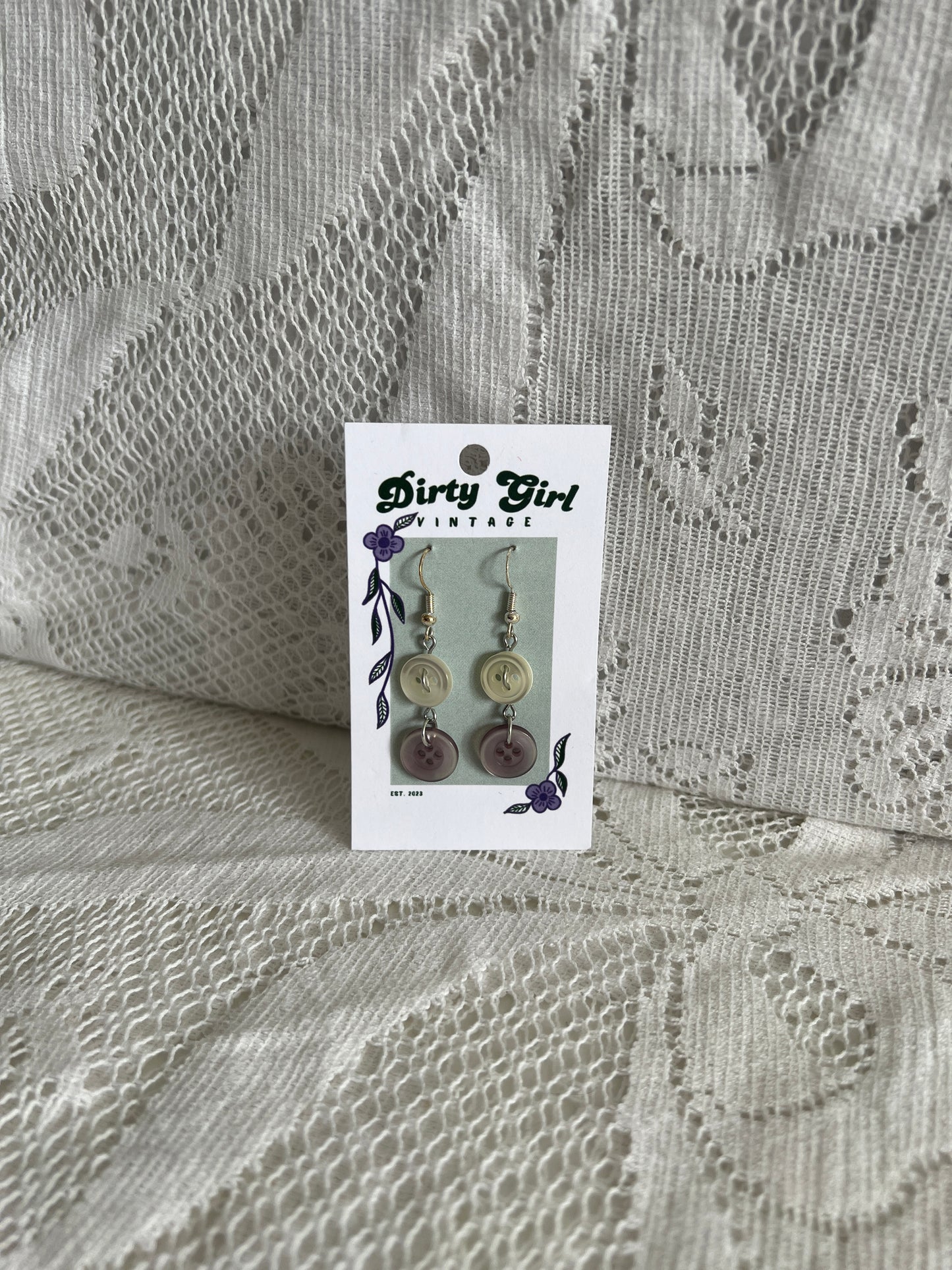 Purple and White Button Earrings