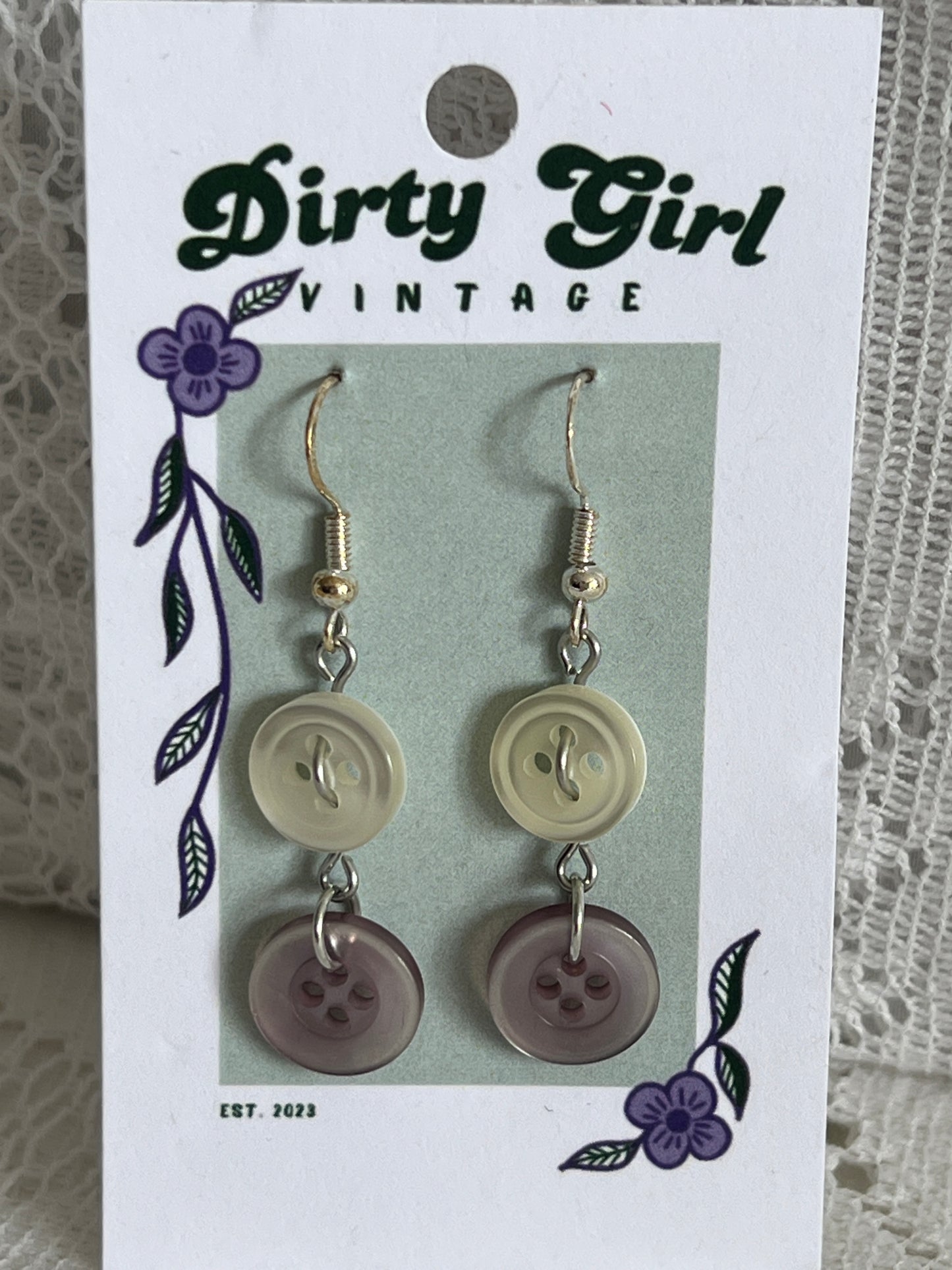 Purple and White Button Earrings