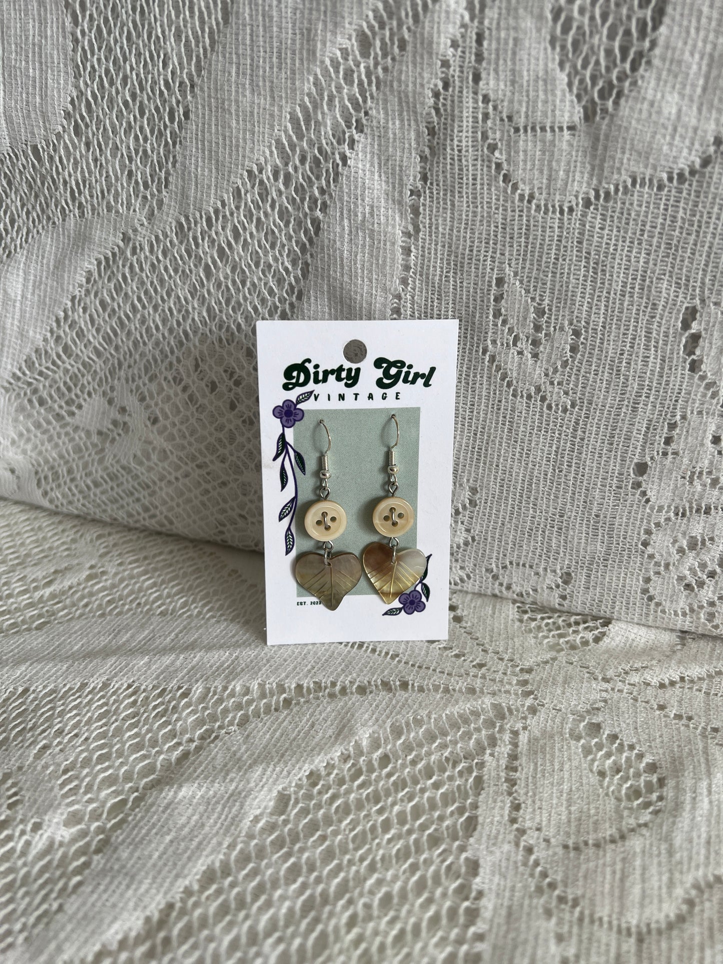 Sand Button with Shell Leaf Earrings