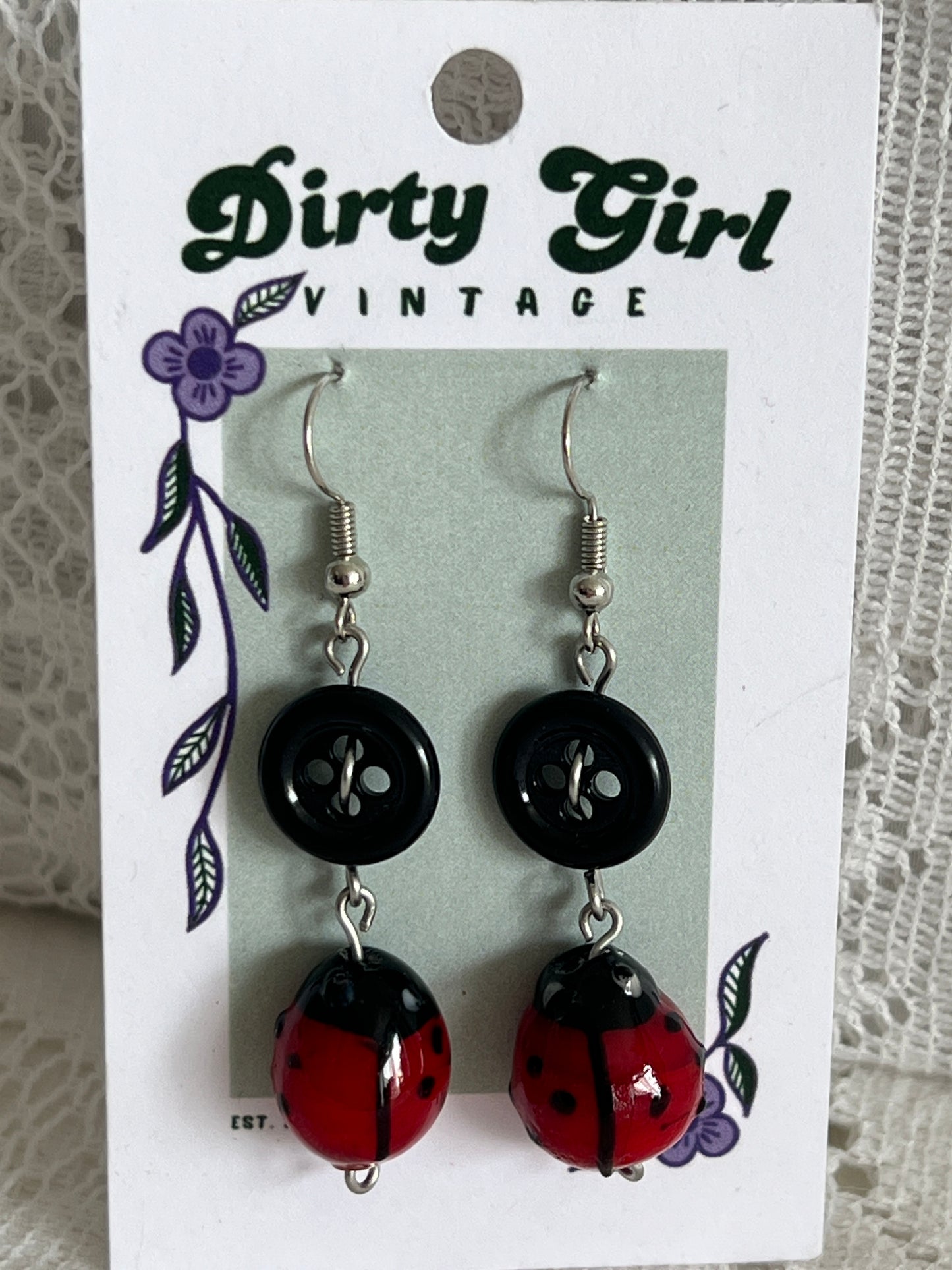 Black Button + Glass Ladybug Earrings