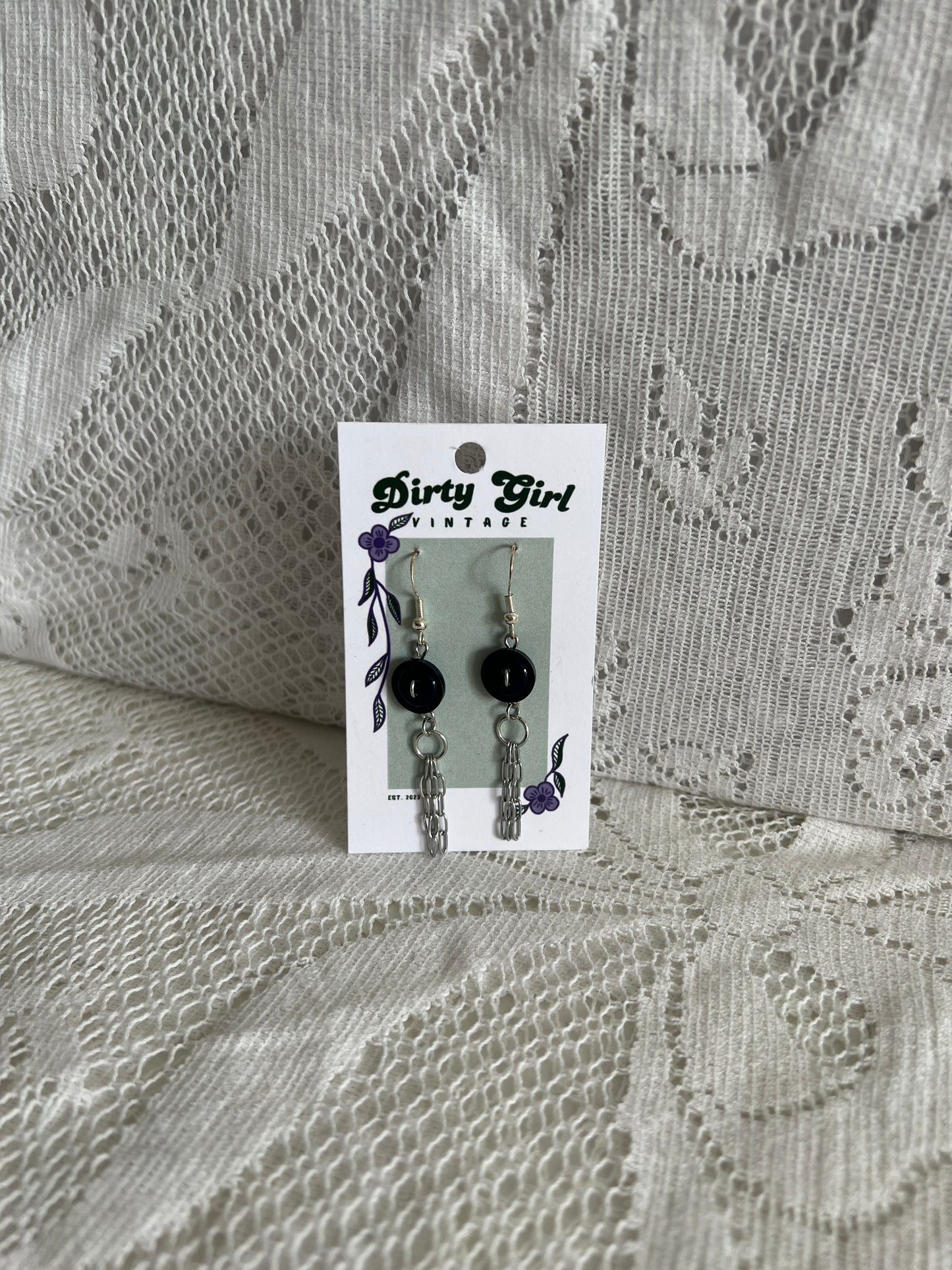 Black Button Chain Earrings