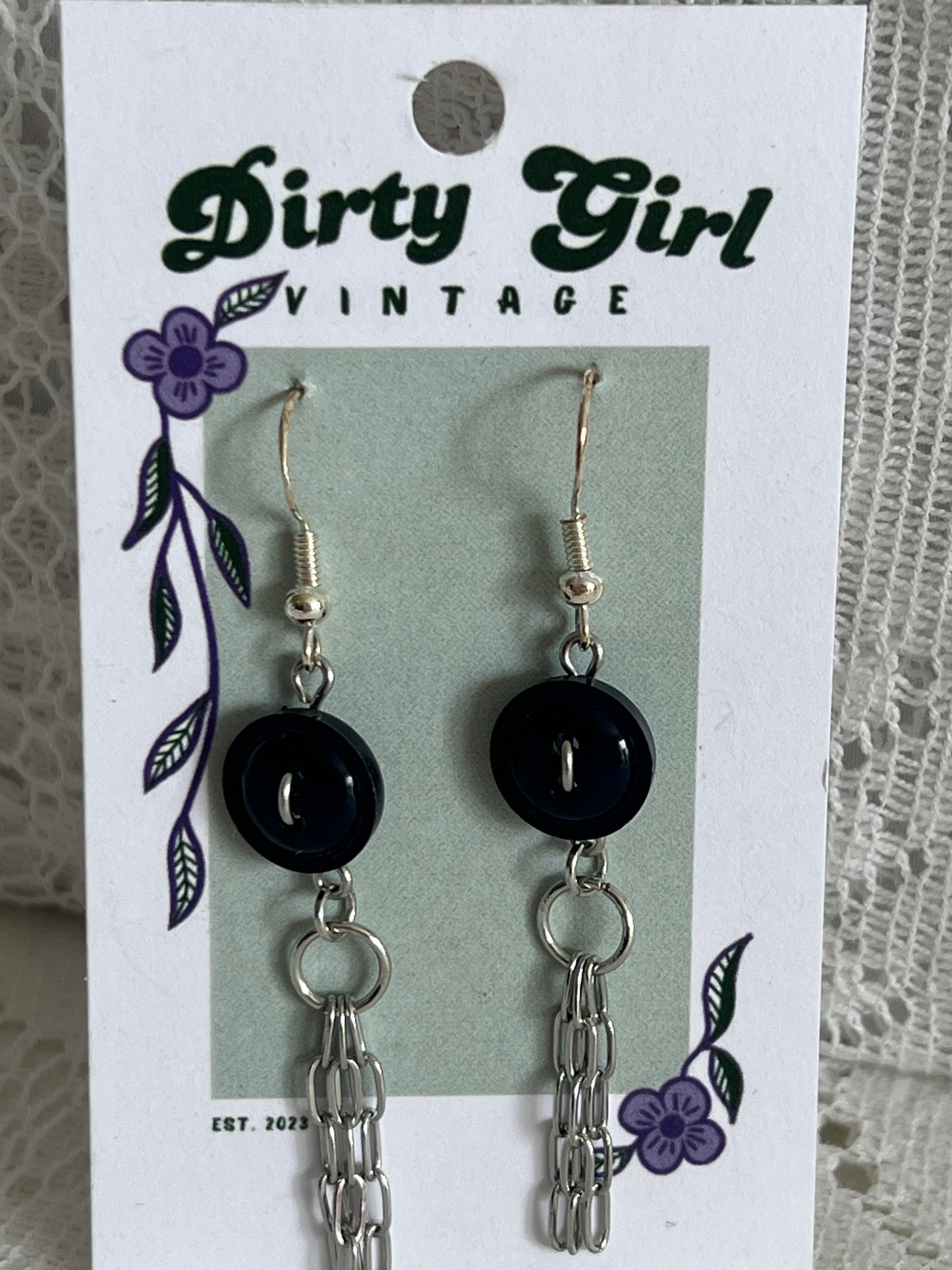 Black Button Chain Earrings