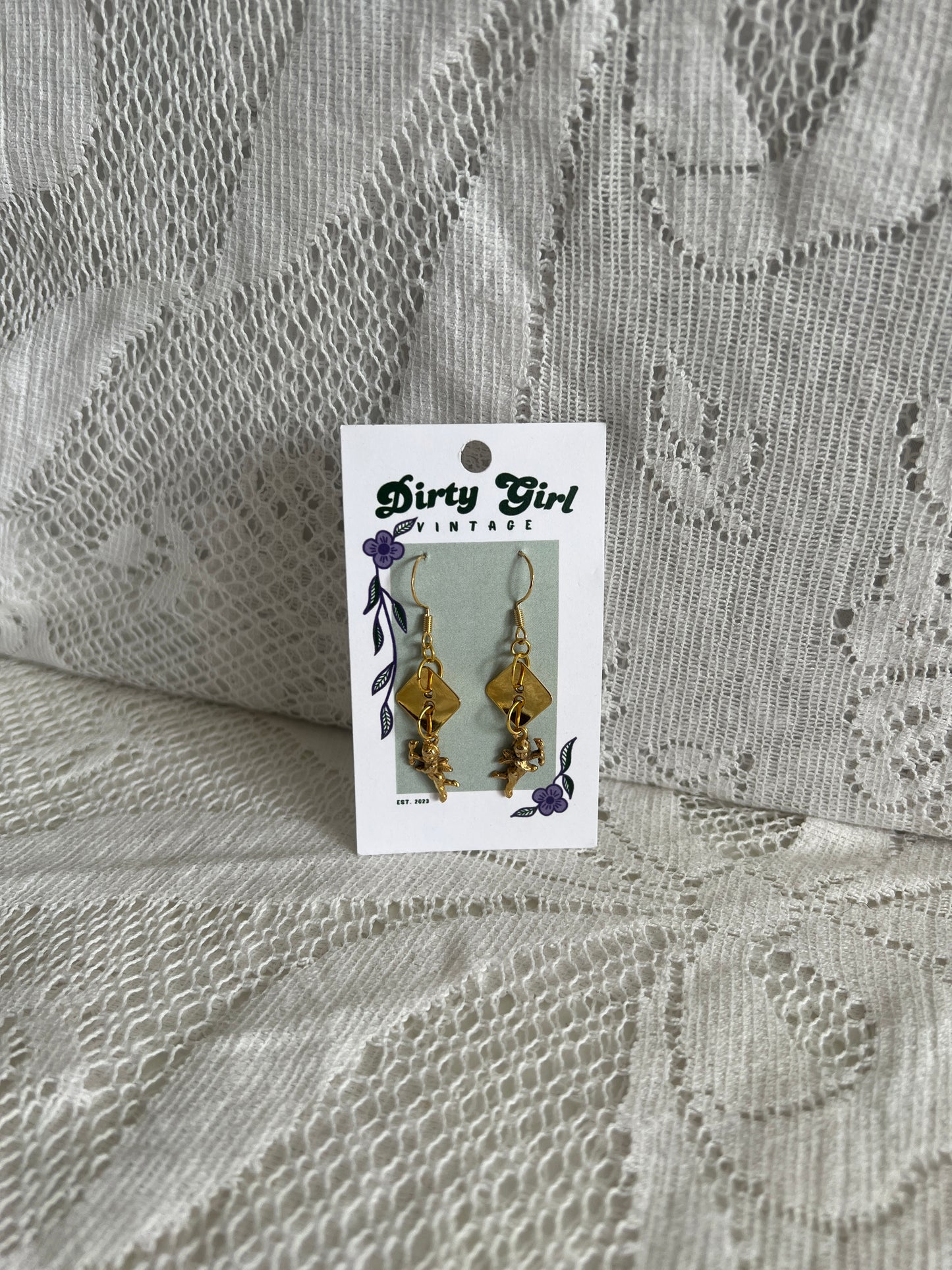 Gold Button Angel Earrings