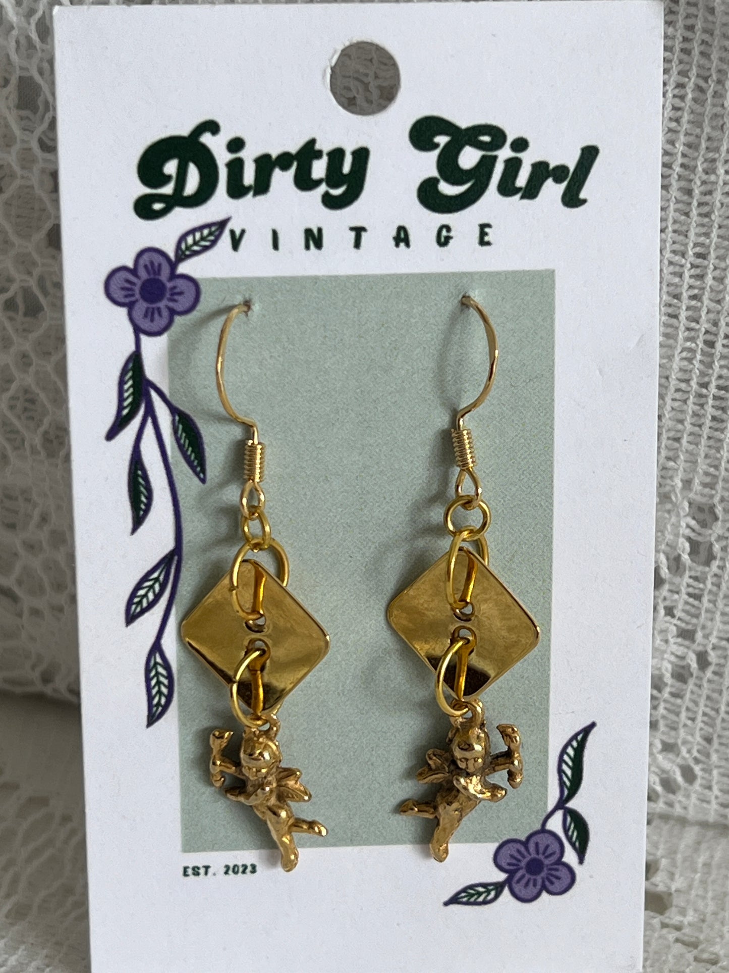 Gold Button Angel Earrings