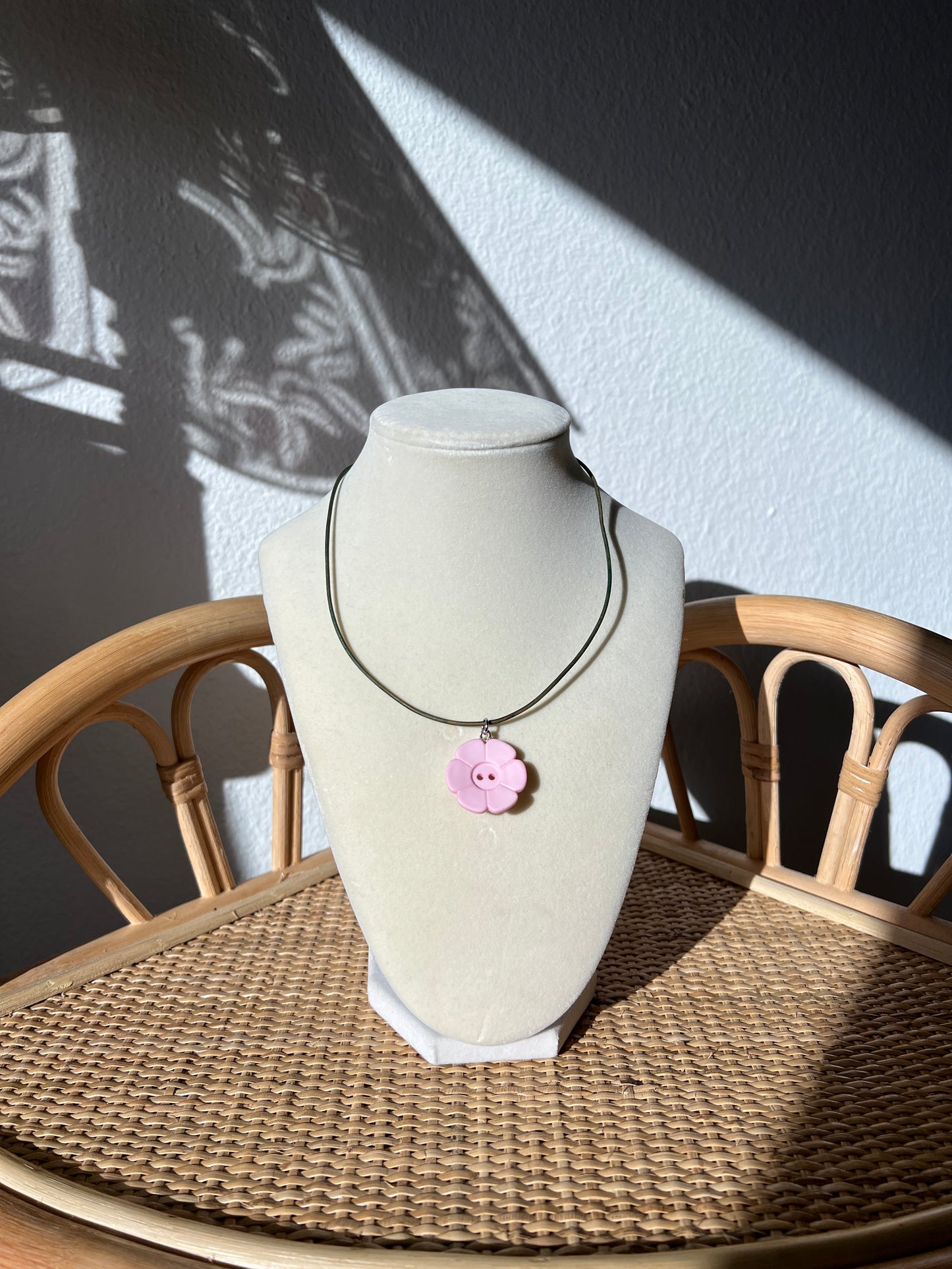 Green Cord Pink Flower Button Necklace