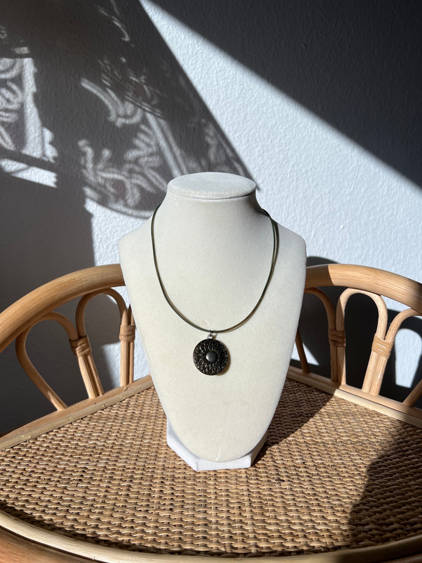 Green Cord Silver Sunflower Button Necklace