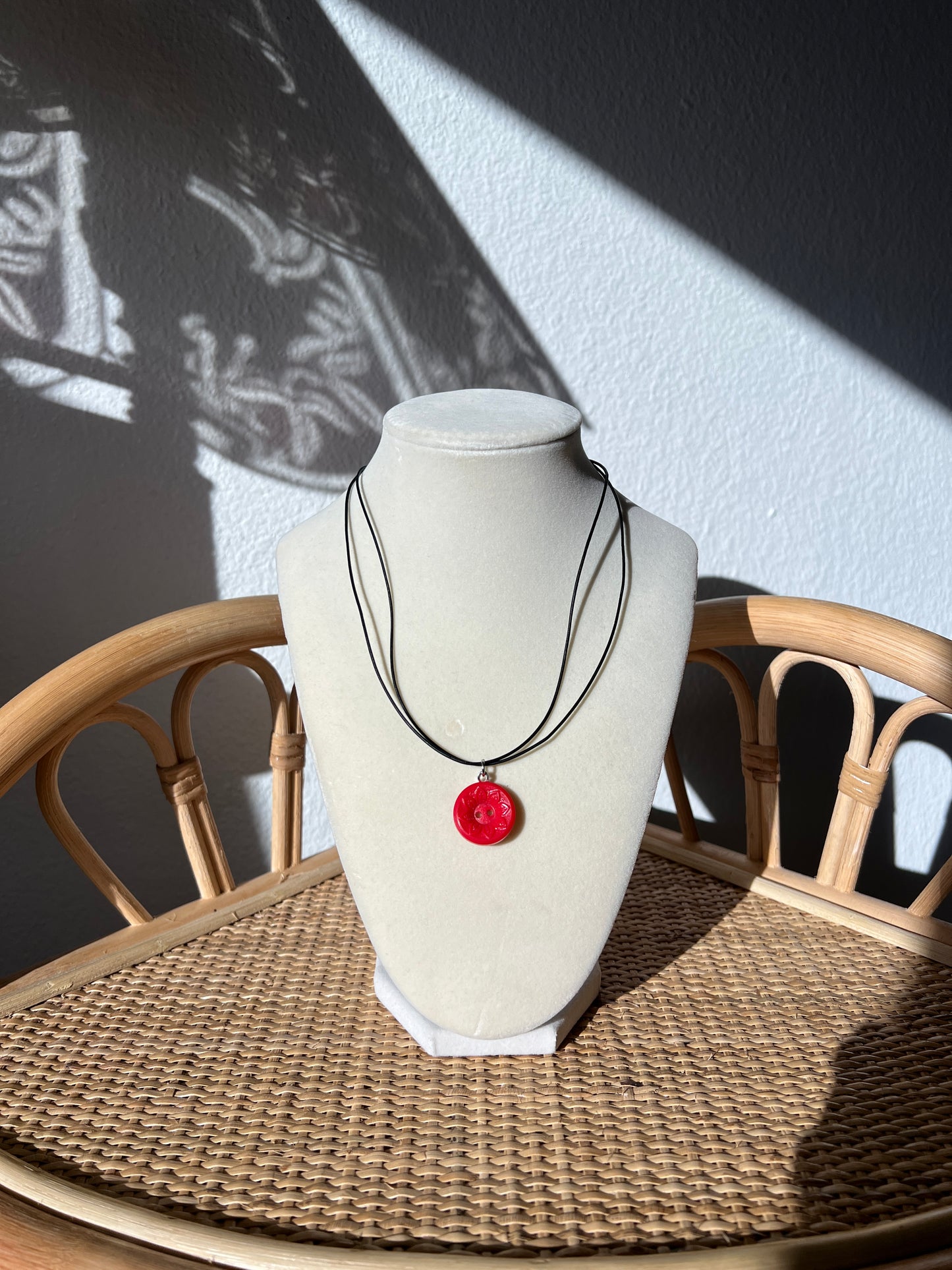 Black Cord Red Flower Button Necklace
