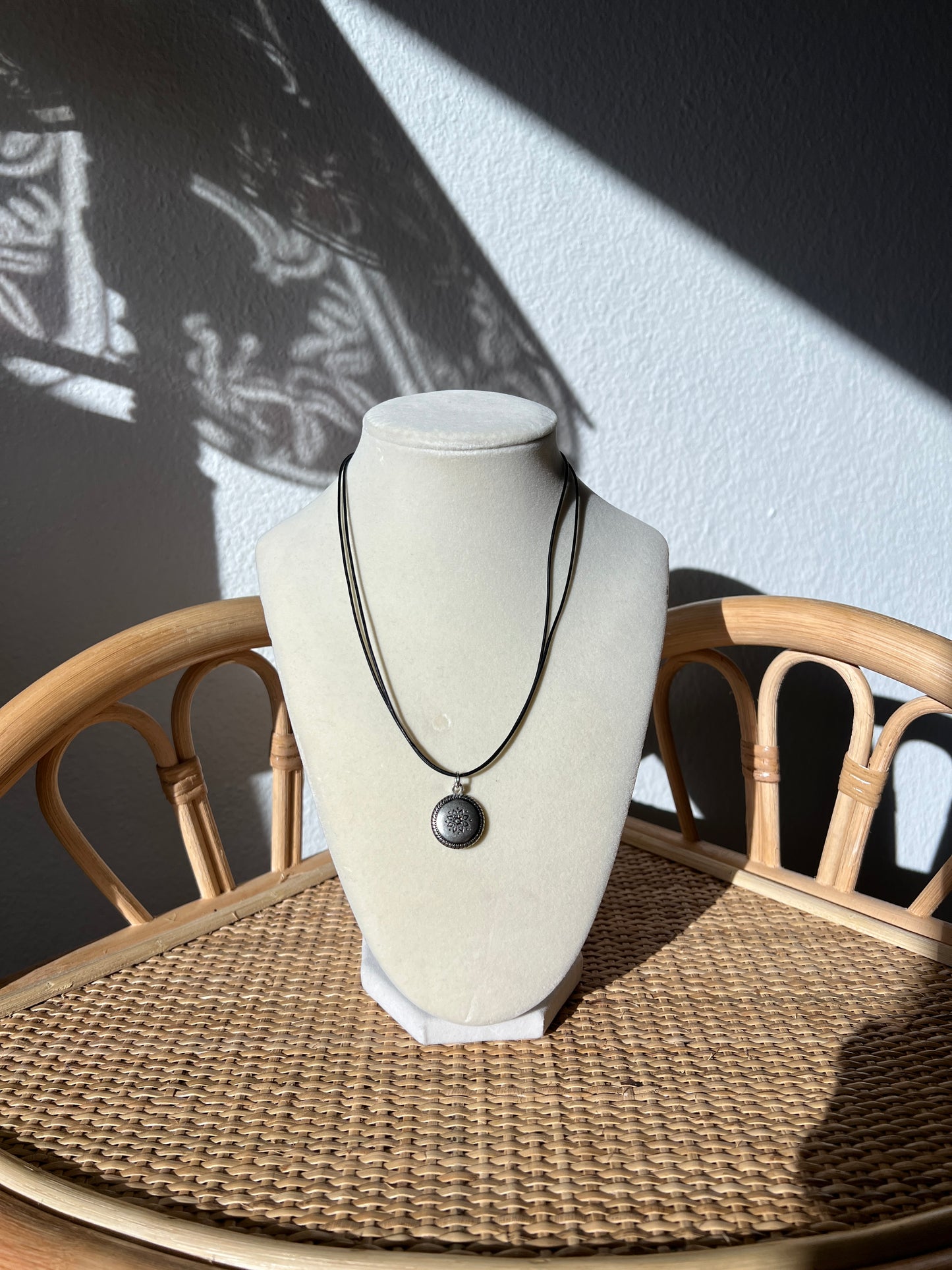 Black Cord Silver Circle Flower Button Necklace