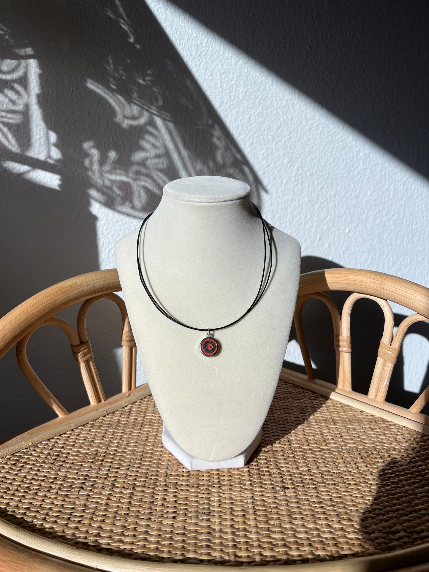 Black Cord Silver/Red Circle Button Necklace
