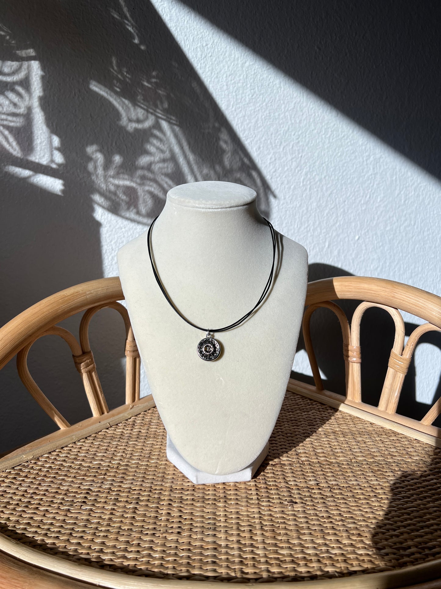 Black Cord Silver Flower Button Necklace