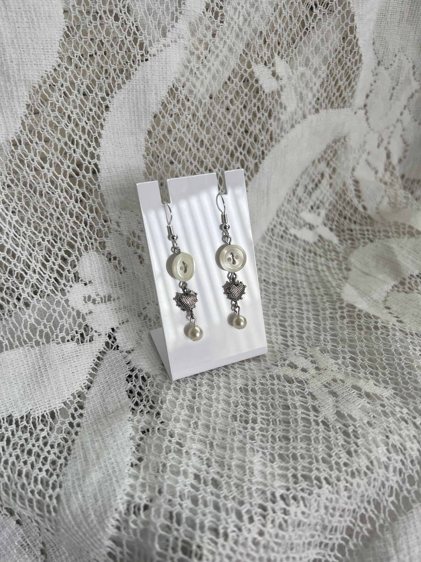 White Button Heart Pearl Earrings