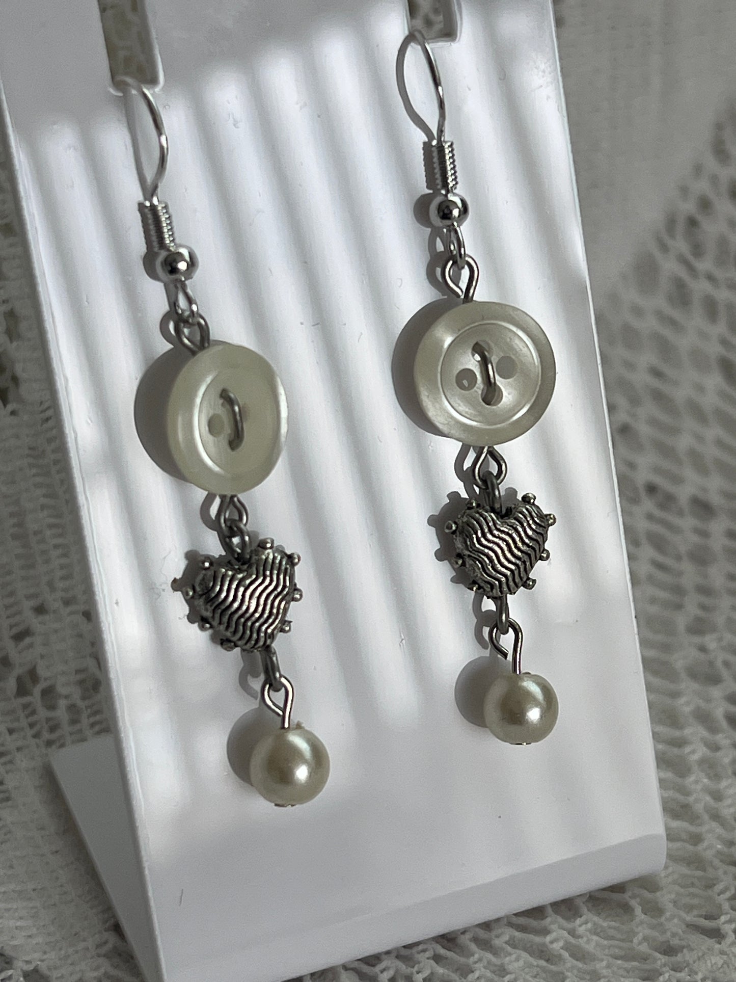White Button Heart Pearl Earrings