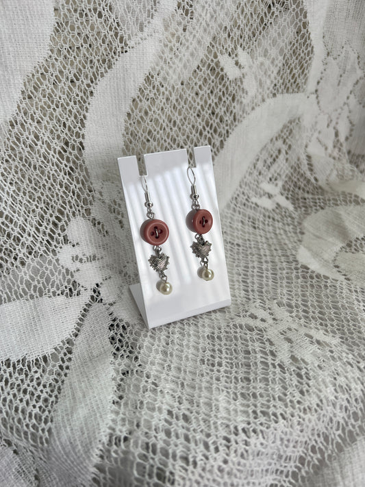 Pink Button Heart Pearl Earrings
