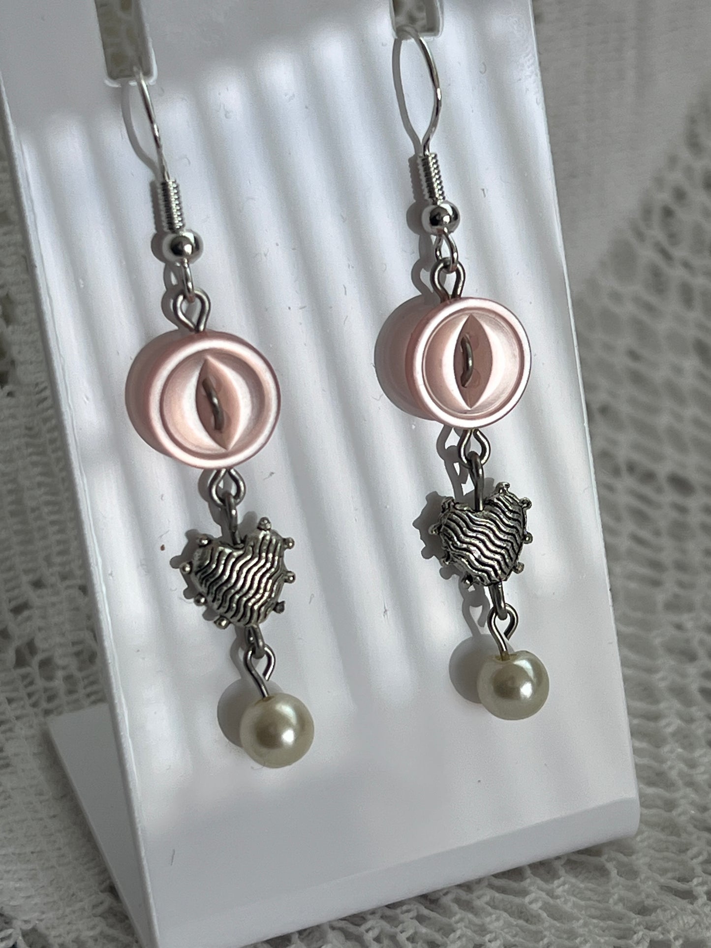 Light Pink Button Heart Pearl Earrings