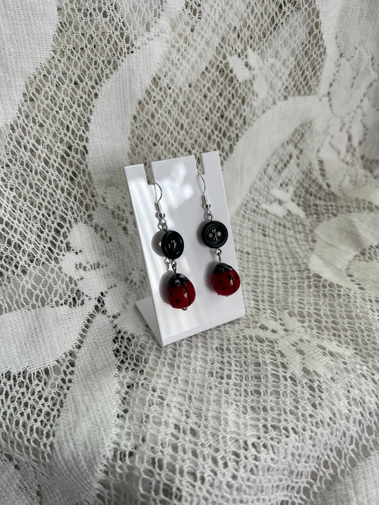 Black Button + Glass Ladybug Earrings