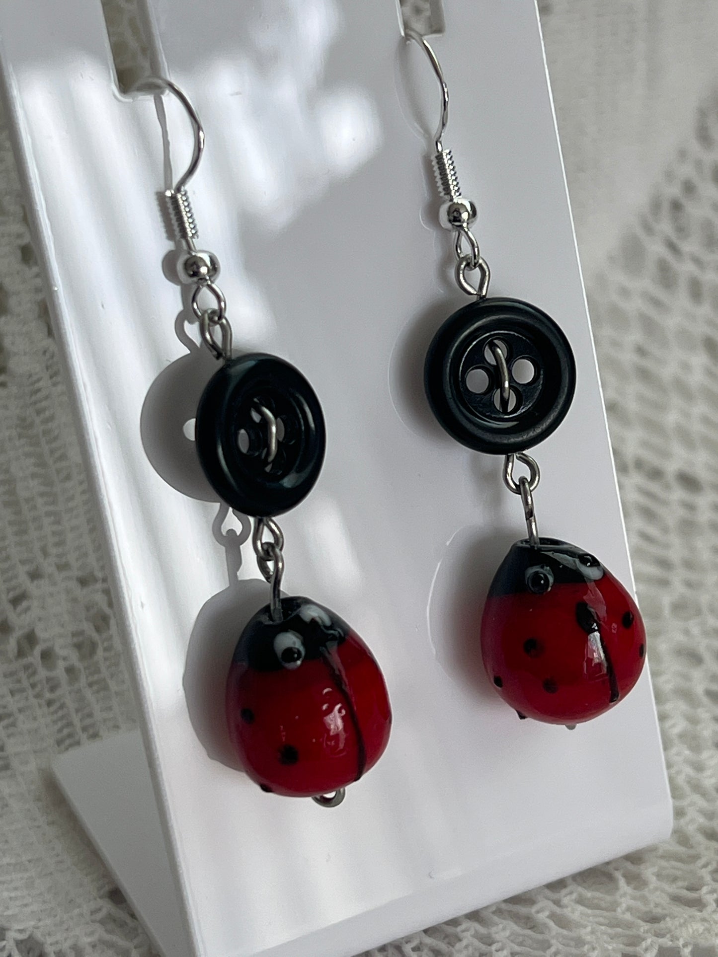 Black Button + Glass Ladybug Earrings