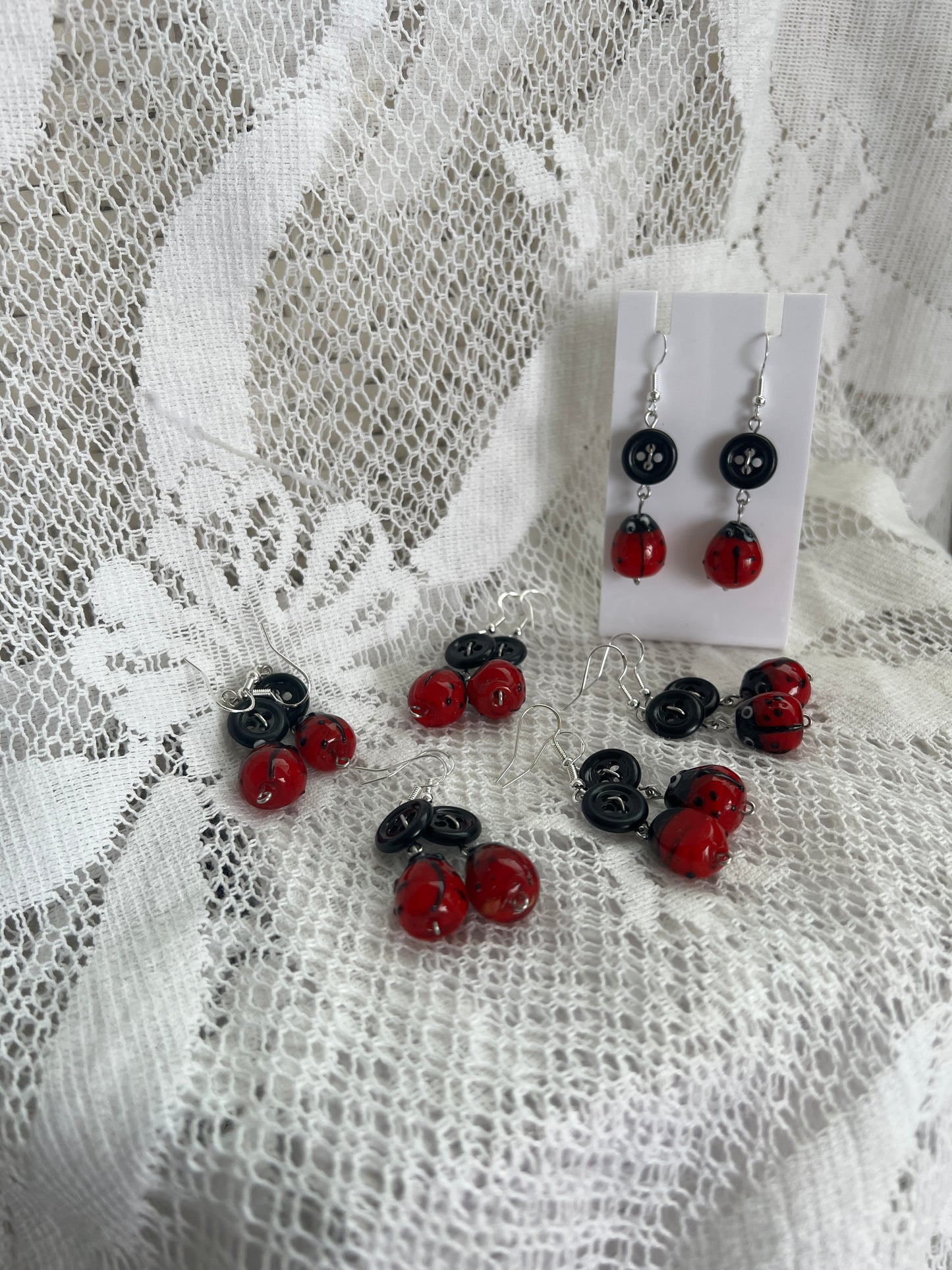 Black Button + Glass Ladybug Earrings