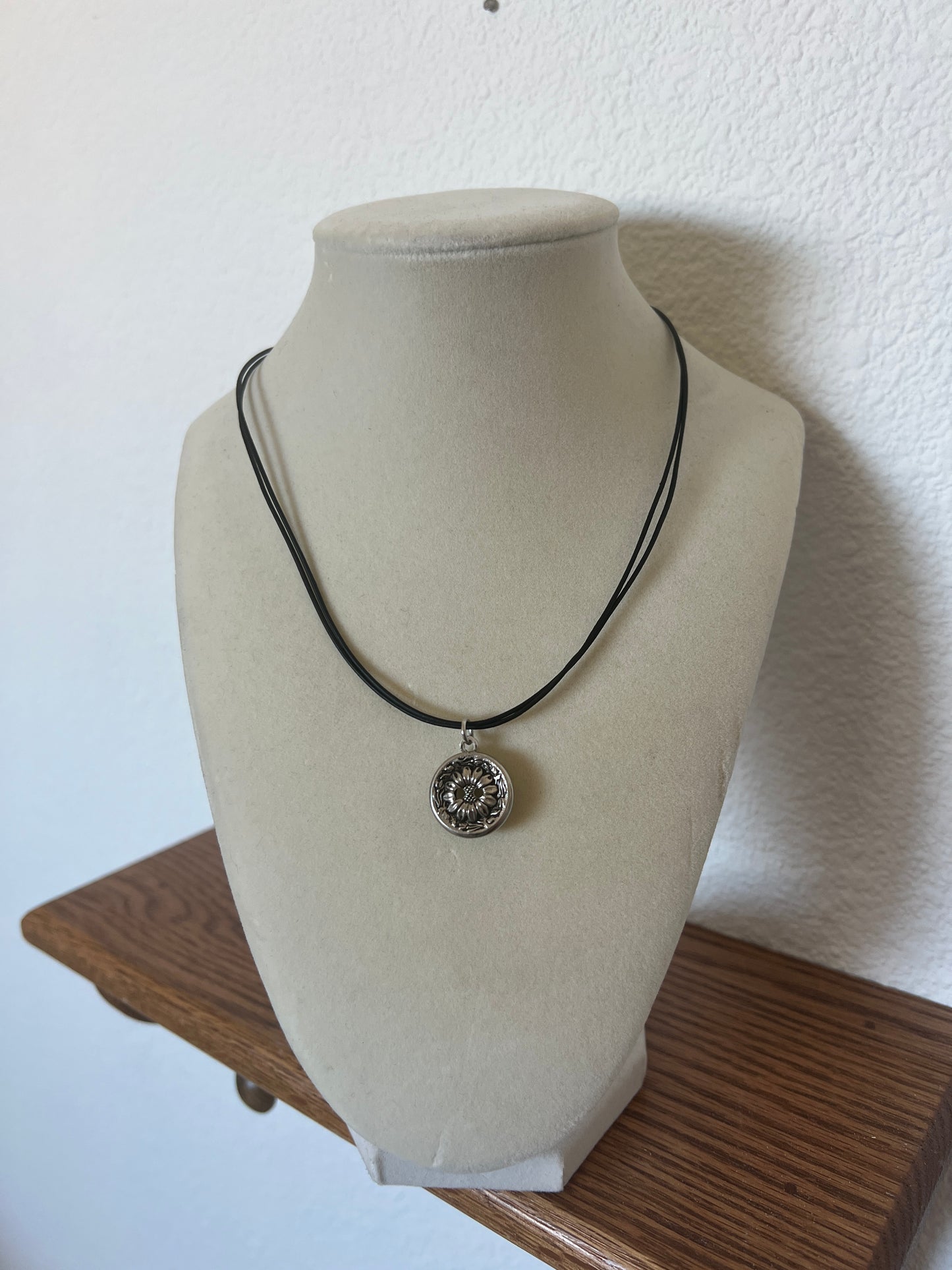 Black Cord Silver Flower Button Necklace