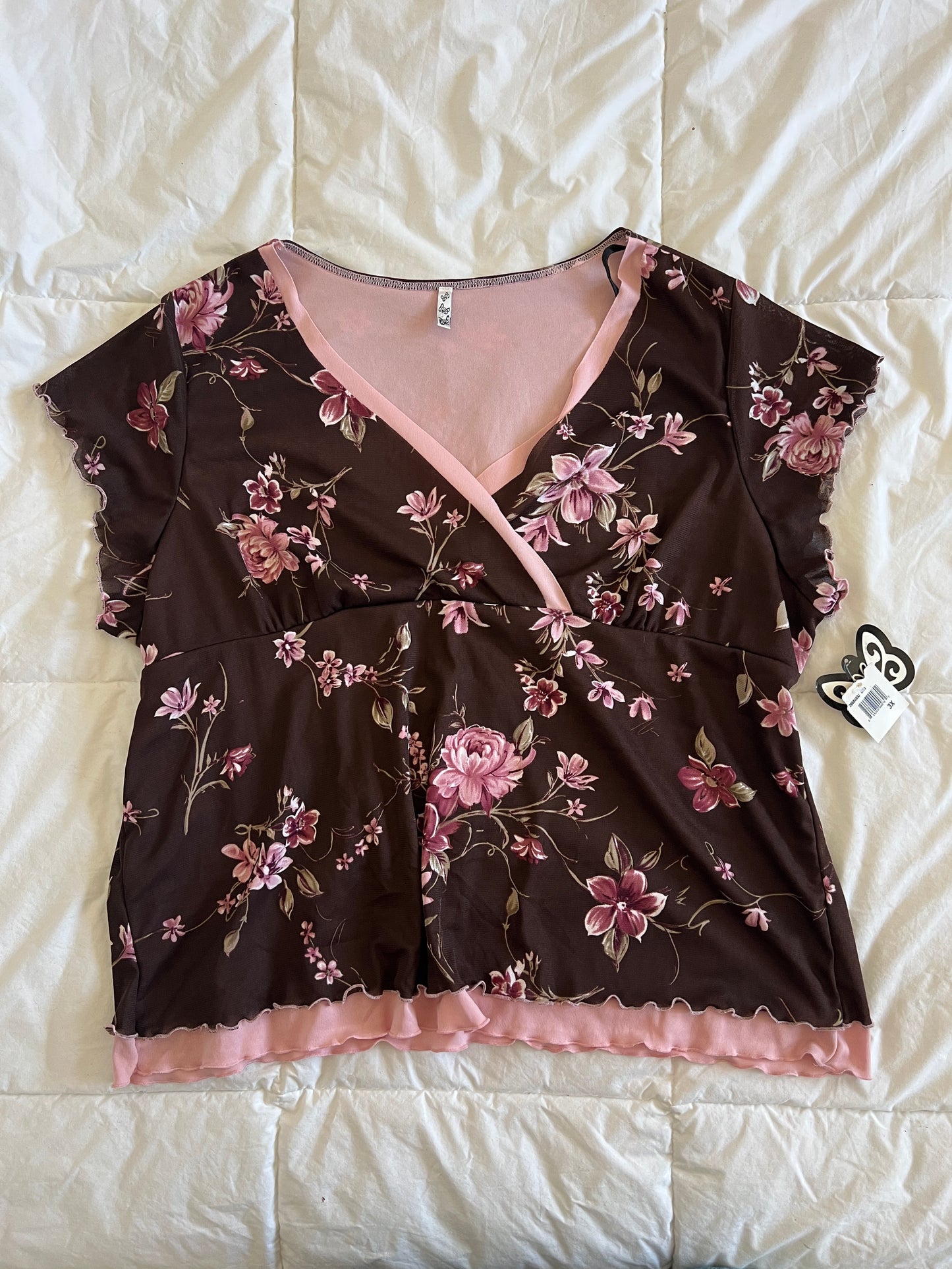 y2k Brown & Pink Floral Blouse (3/4xl)